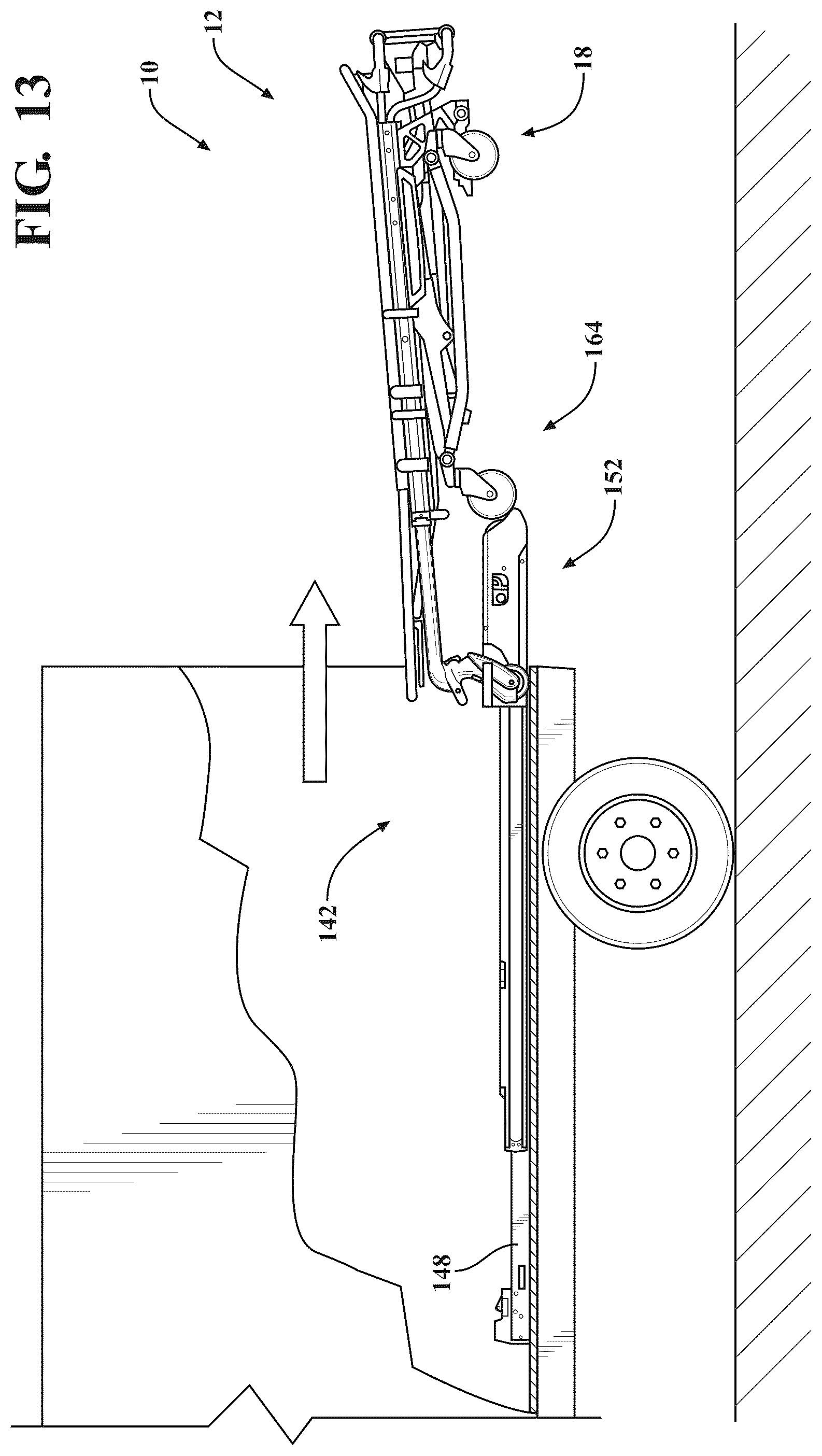 Patent US12097157 Figure 13 – Patient support apparatus with powered unloading dynamic weigh adjustment