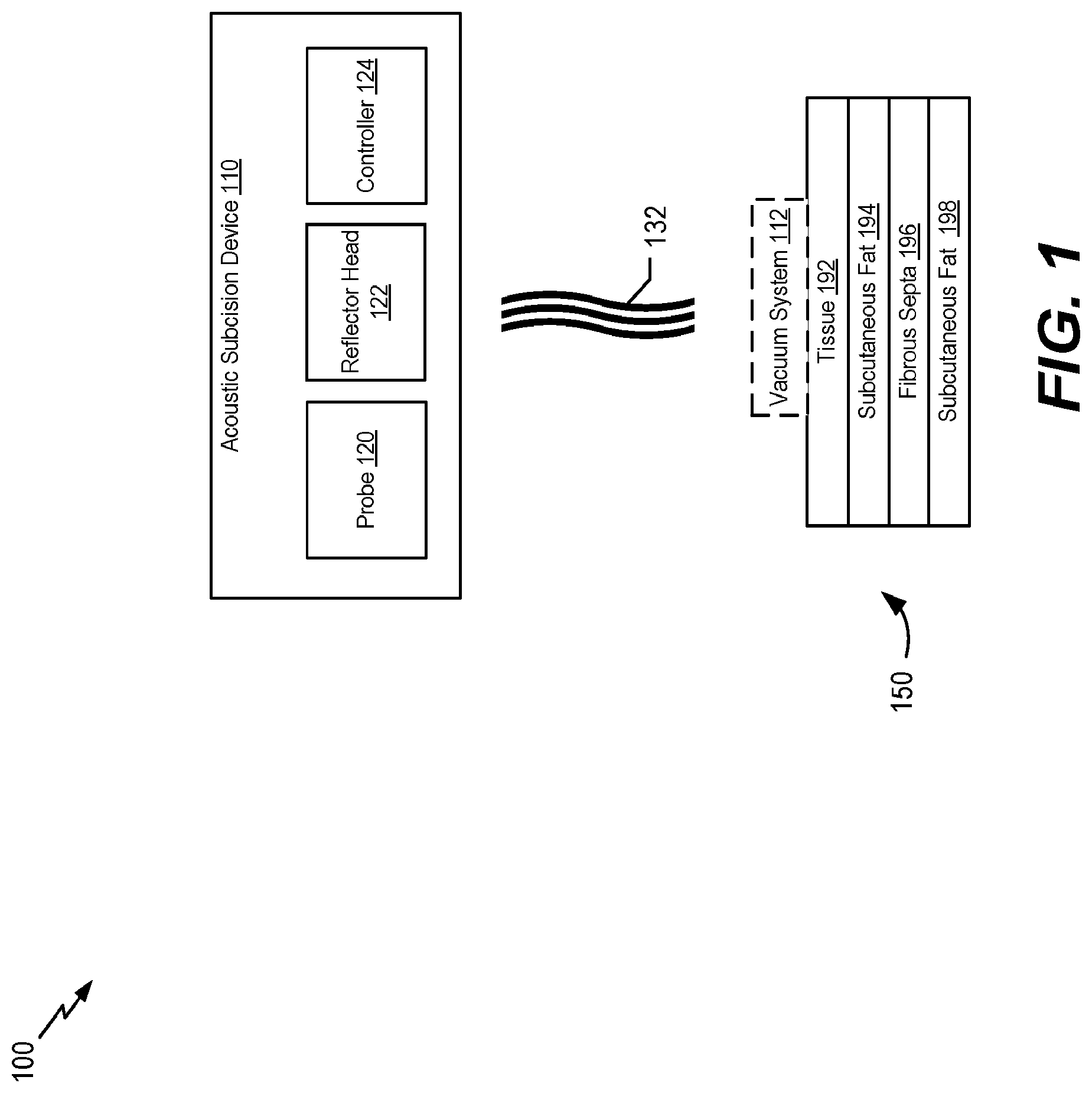 Patent US12097162 Figure 1 – Systems, devices, and methods of treating tissue and cellulite by non-invasive acoustic subcision