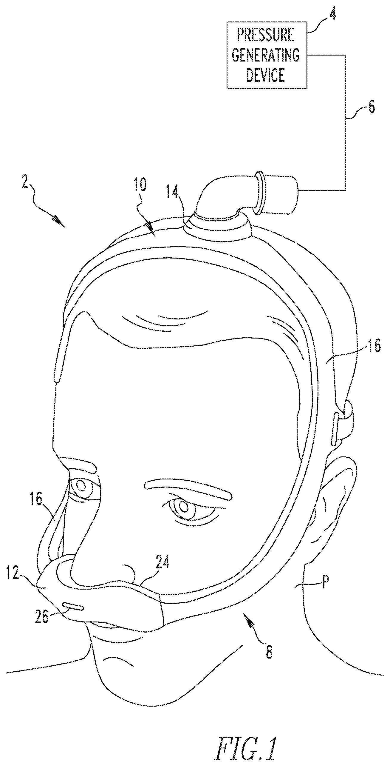 Patent US12097326 Figure 1 – Patient interface having a restrictor element for varying flow resistance through an exhalation port thereof