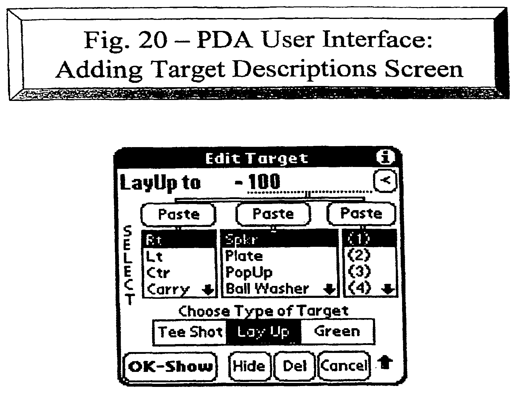 Patent US12097420 Figure 20 – Personal golfing assistant and method and system for graphically displaying golf related information and for collection, processing and distribution of golf related data