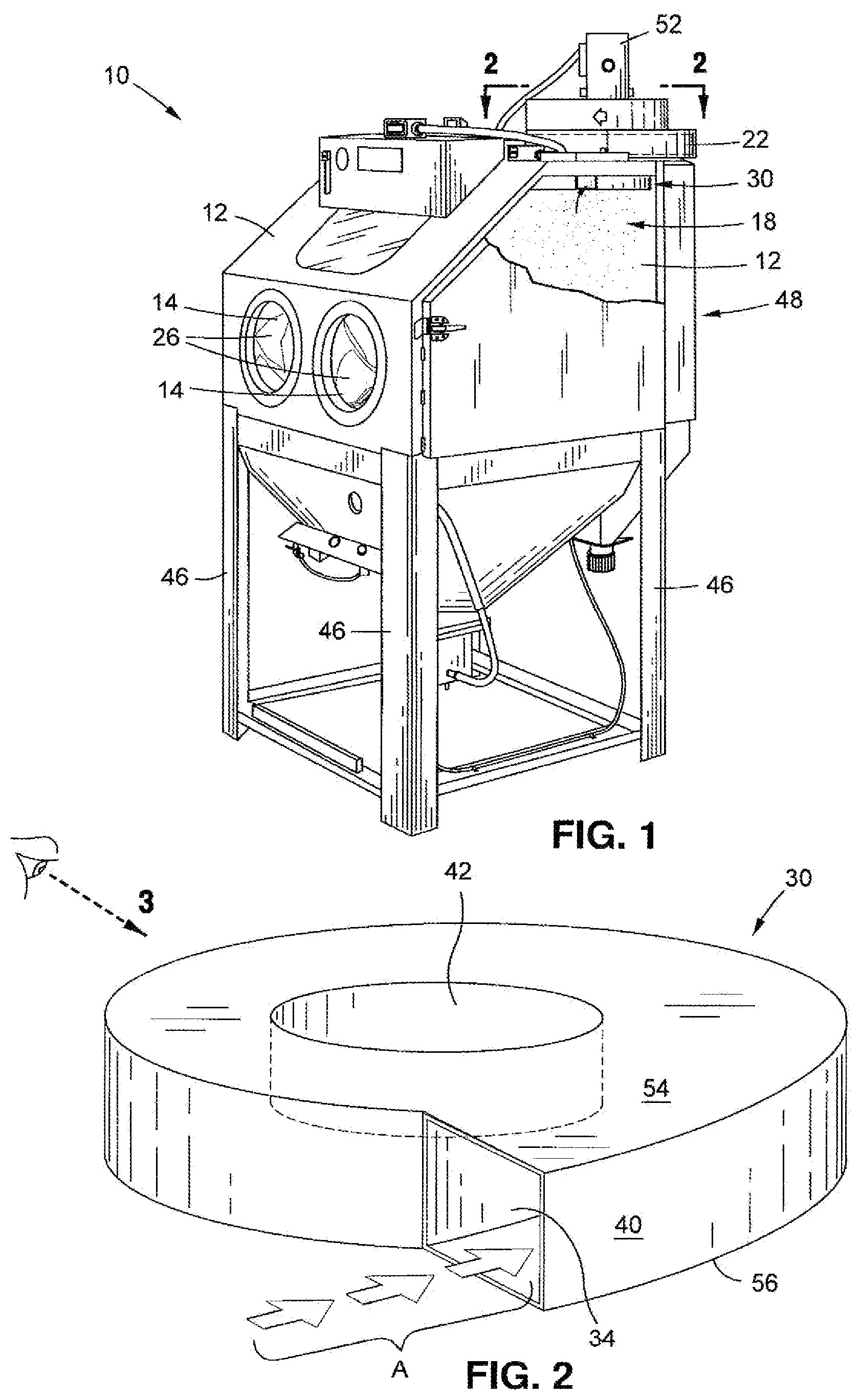 Patent US12097457 Figure 1 – Adjustable abrasive and dust separator
