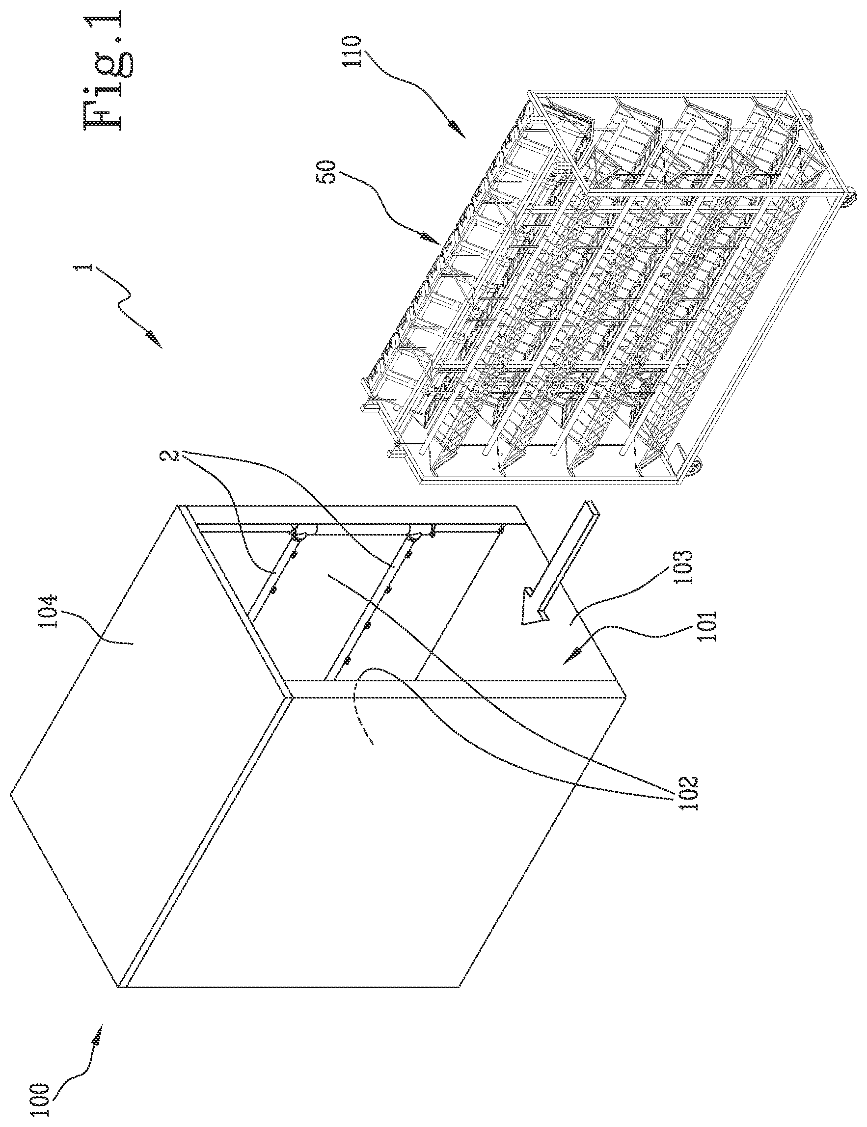 Patent US12097544 Figure 2 – Device, machine and method for washing objects for stalling laboratory animals, in particular, parts and/or accessories of stalling cages