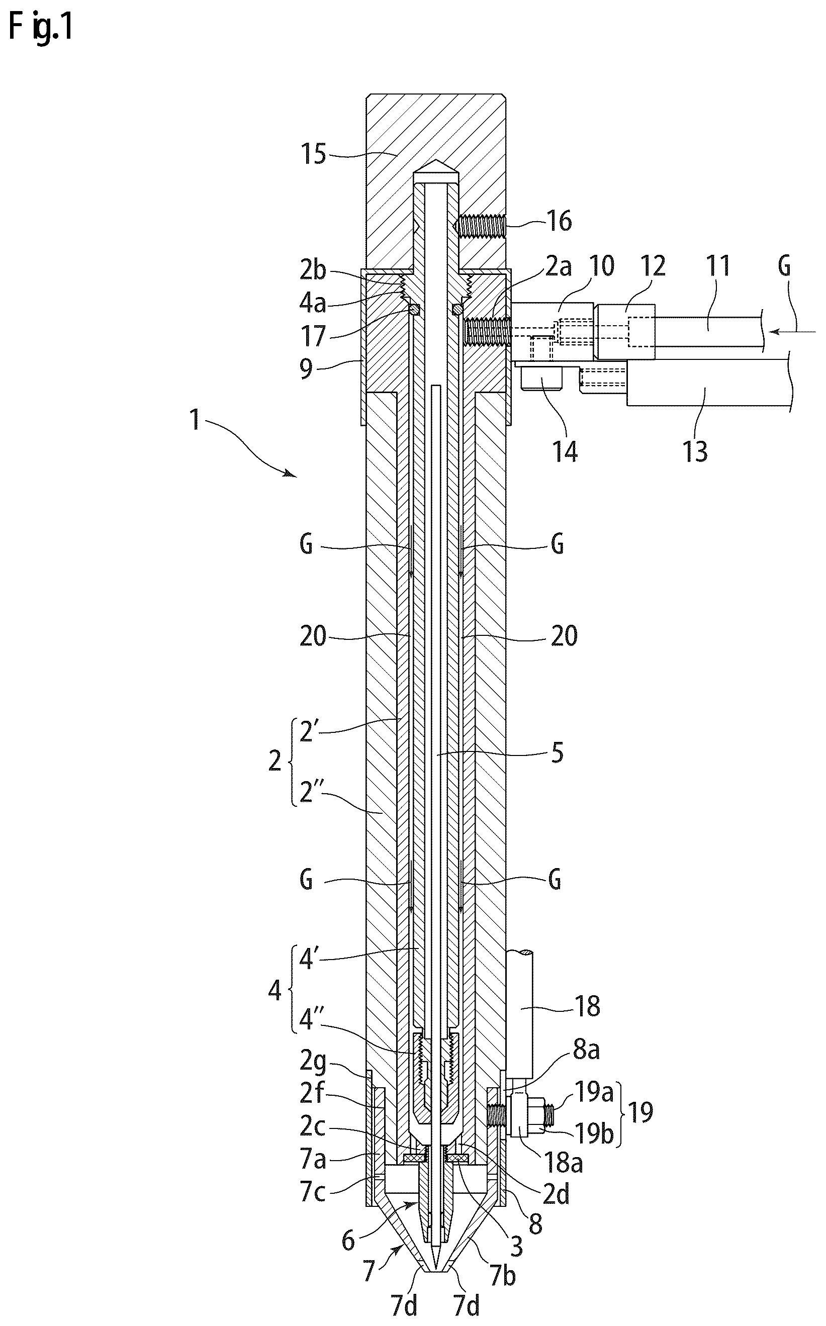 Patent US12097579 Figure 1 – TIG welding torch equipped with narrow nozzle for spot welding, and electrode nozzle used in same