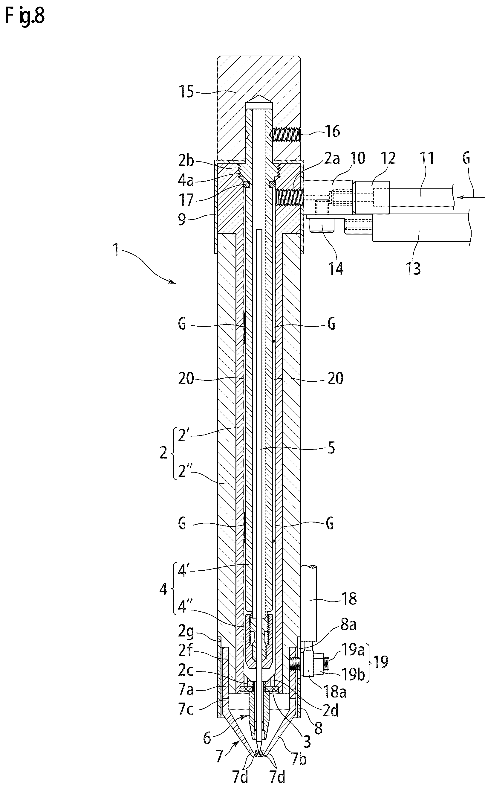 Patent US12097579 Figure 7 – TIG welding torch equipped with narrow nozzle for spot welding, and electrode nozzle used in same