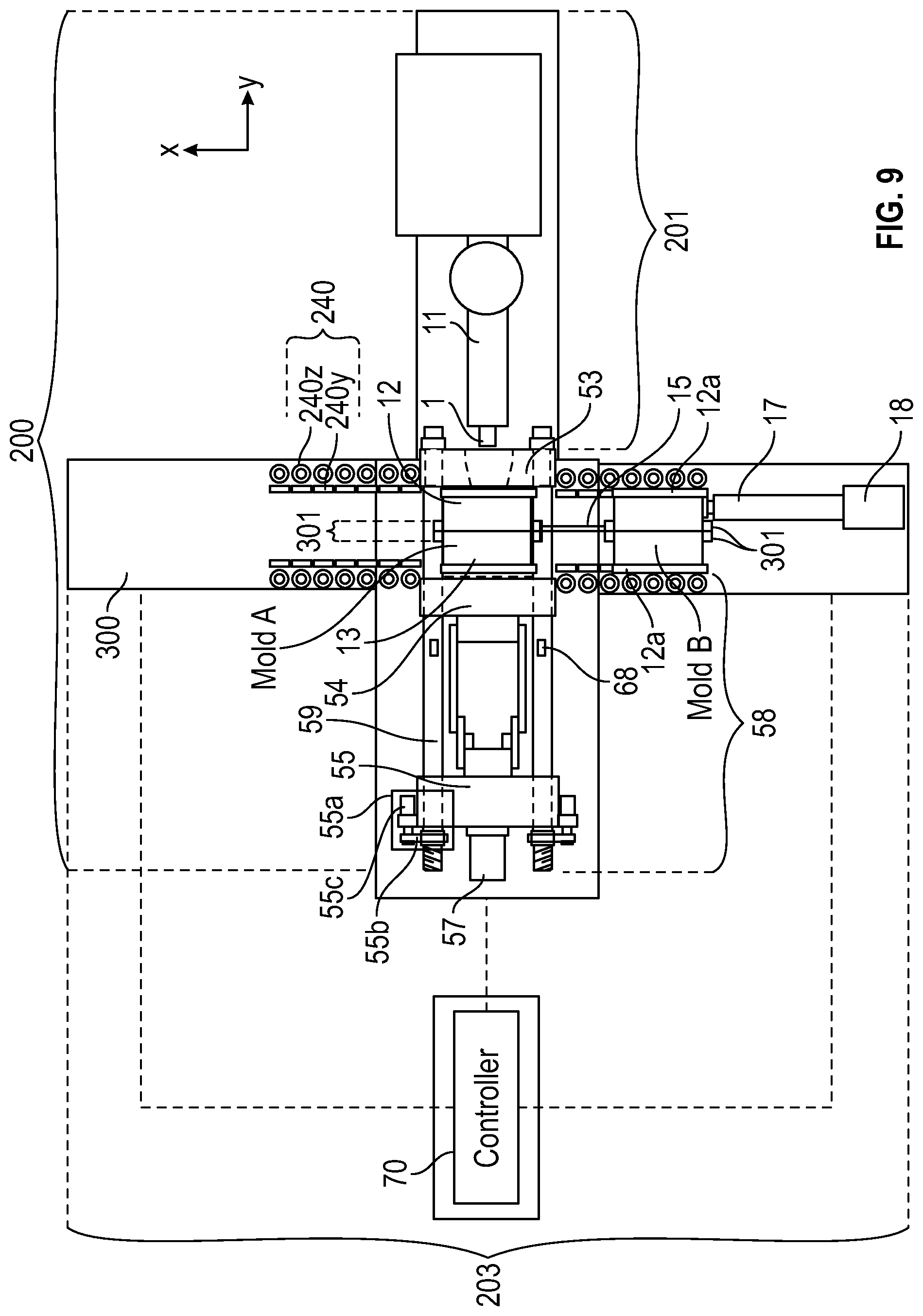 Patent US12097650 Figure 18 – Multi-mold systems using a runner