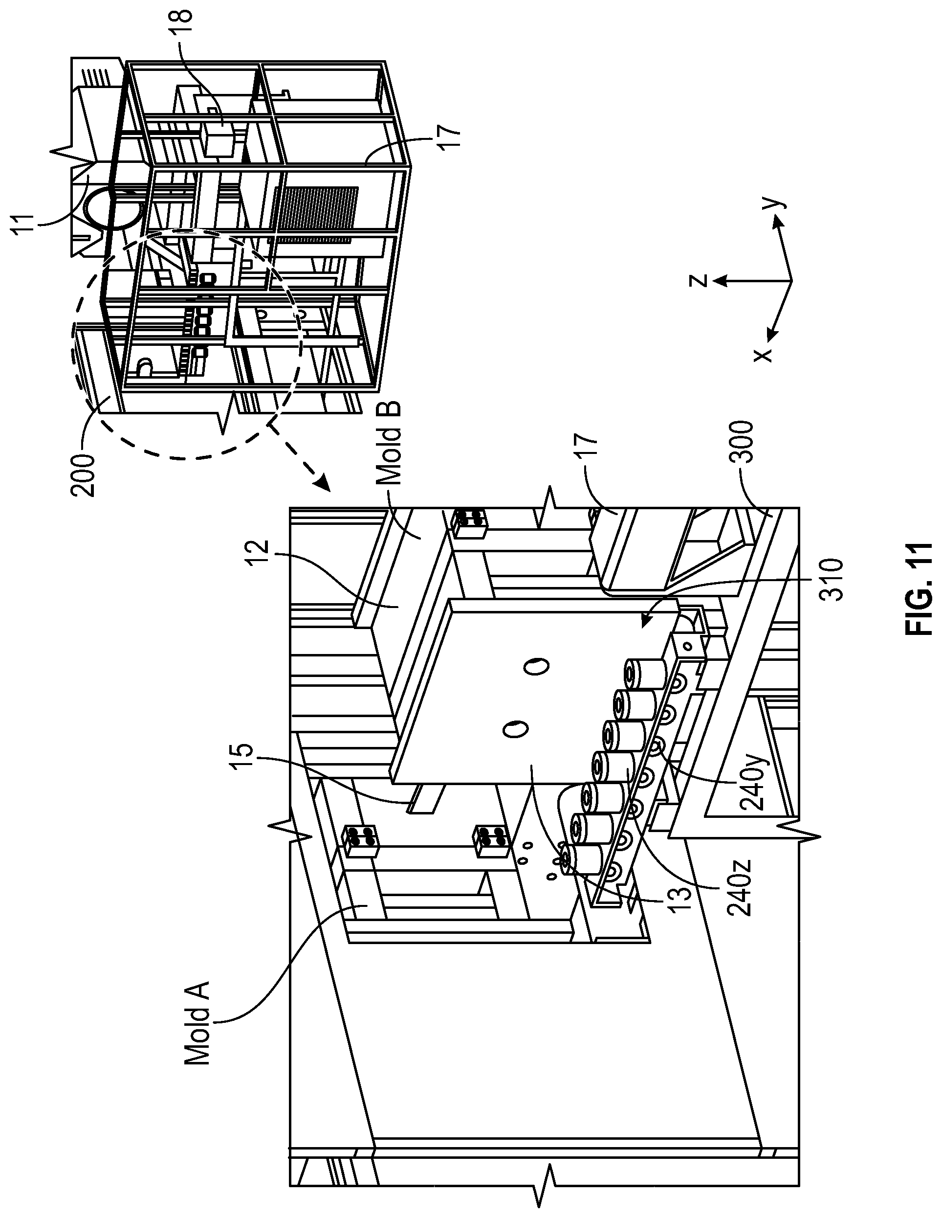 Patent US12097650 Figure 20 – Multi-mold systems using a runner