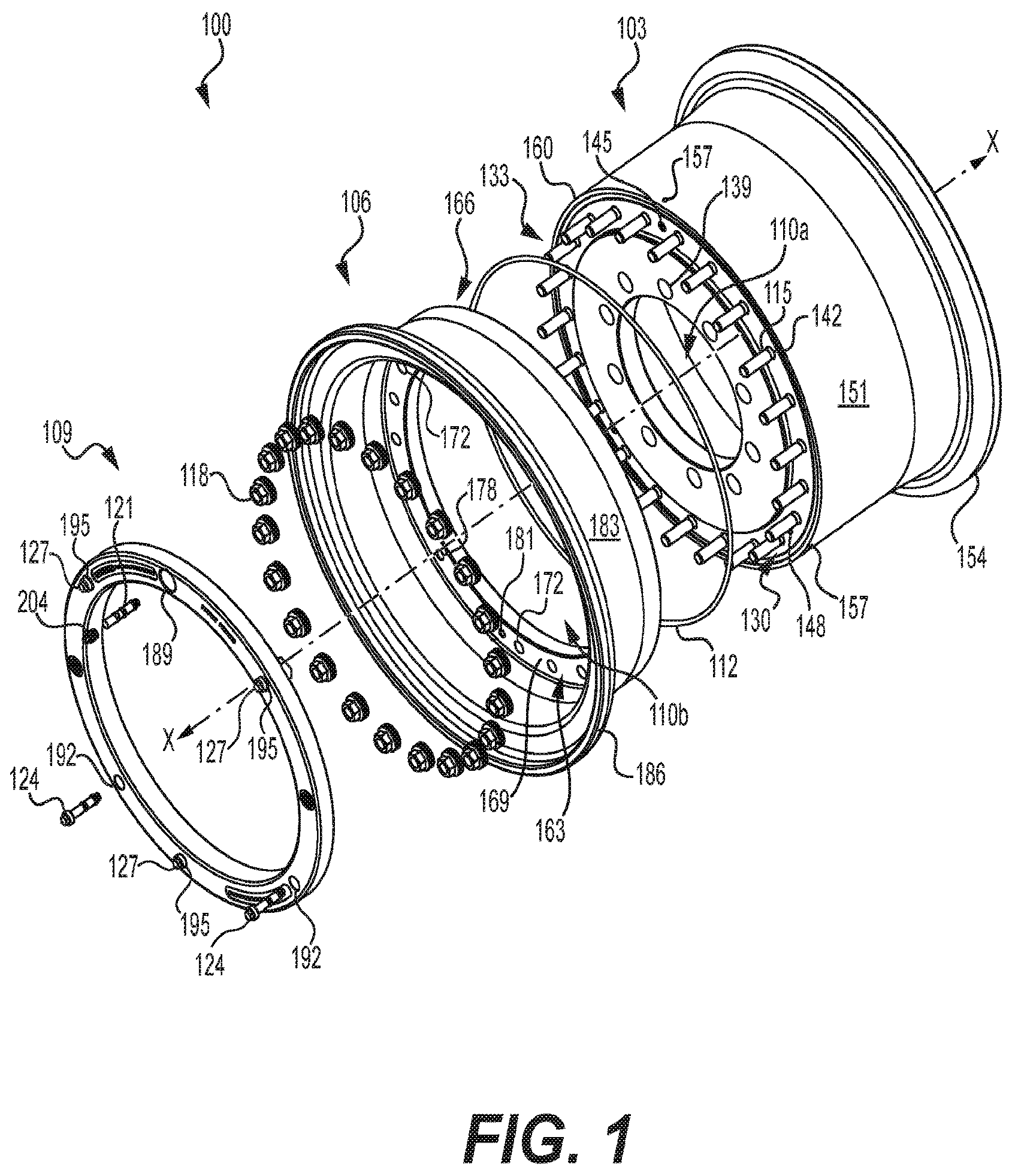 Patent US12097725 Figure 1 – Bolt together wheel with deflation system