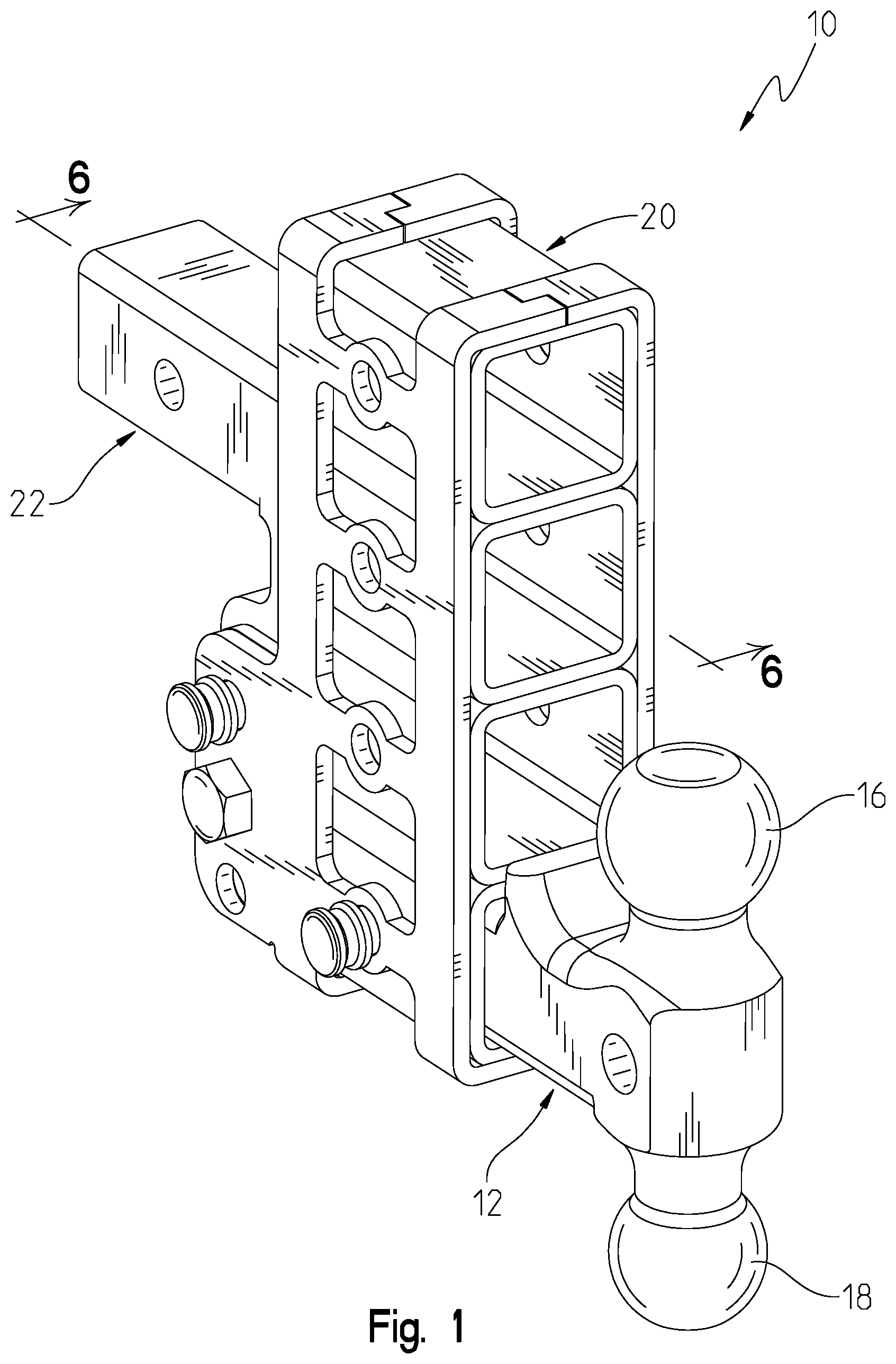 Patent US12097732 Figure 1 – Stowable stacked hitch receiver