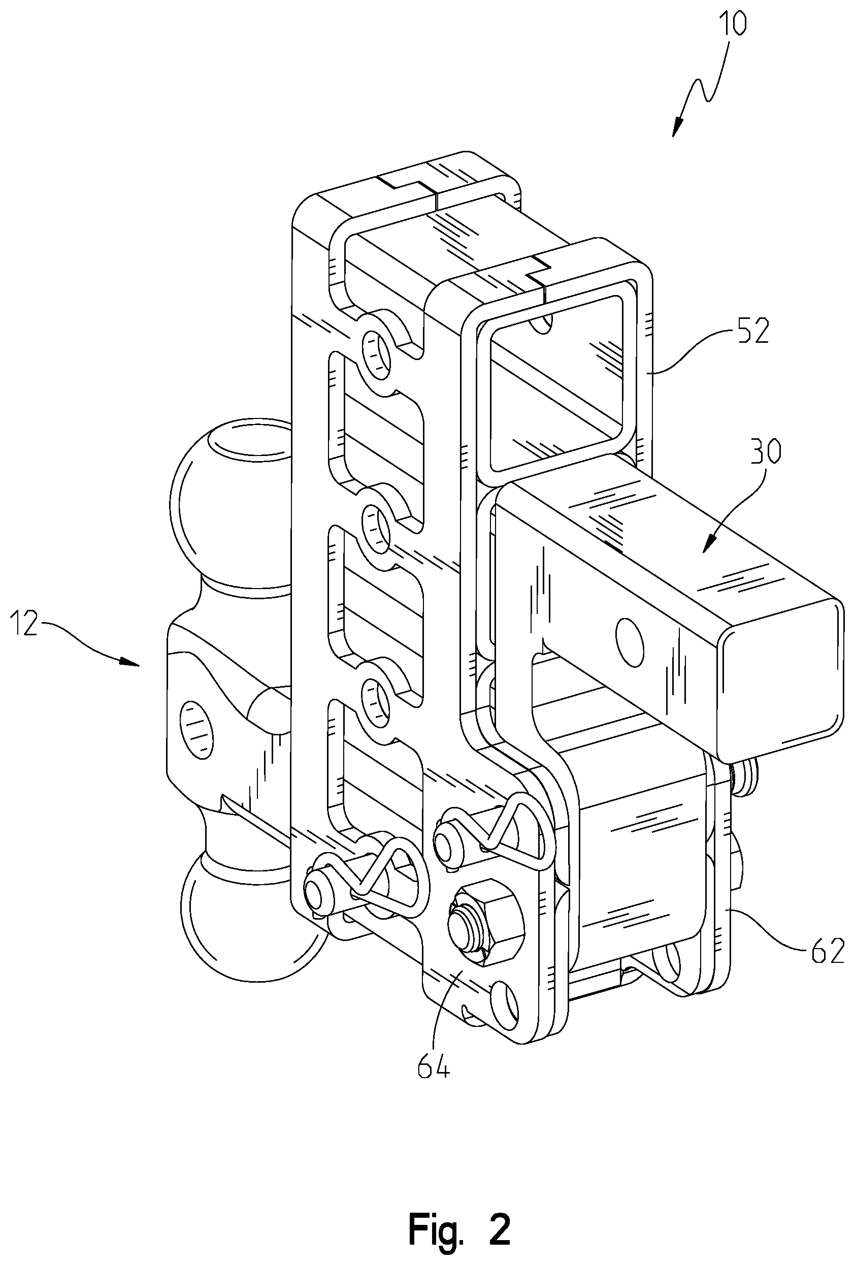 Patent US12097732 Figure 2 – Stowable stacked hitch receiver