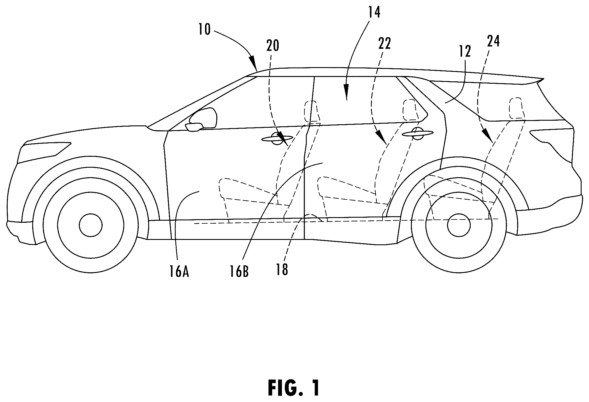 Patent US12097791 Figure 1 – Vehicle seating system having convertible center seat