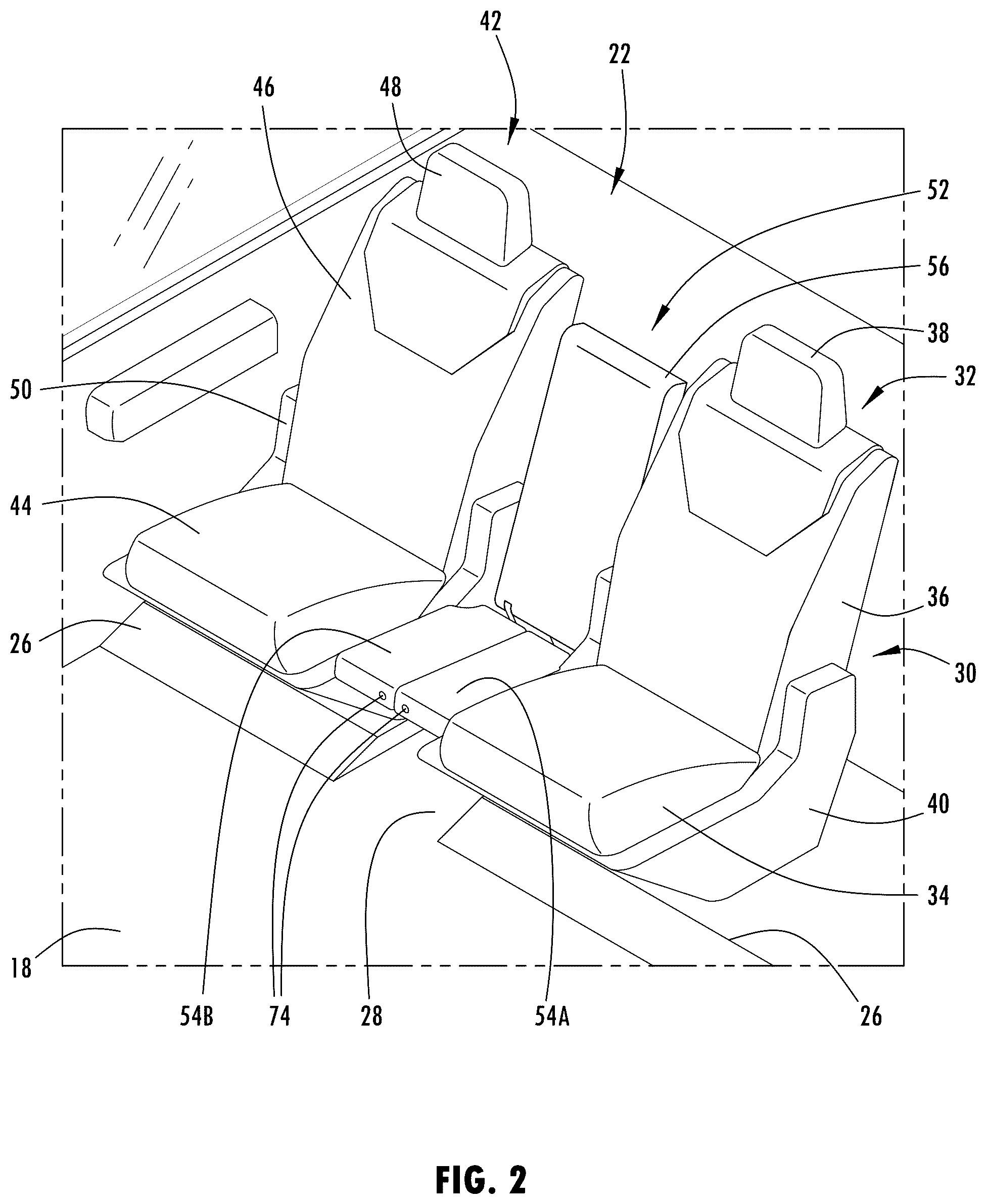 Patent US12097791 Figure 2 – Vehicle seating system having convertible center seat