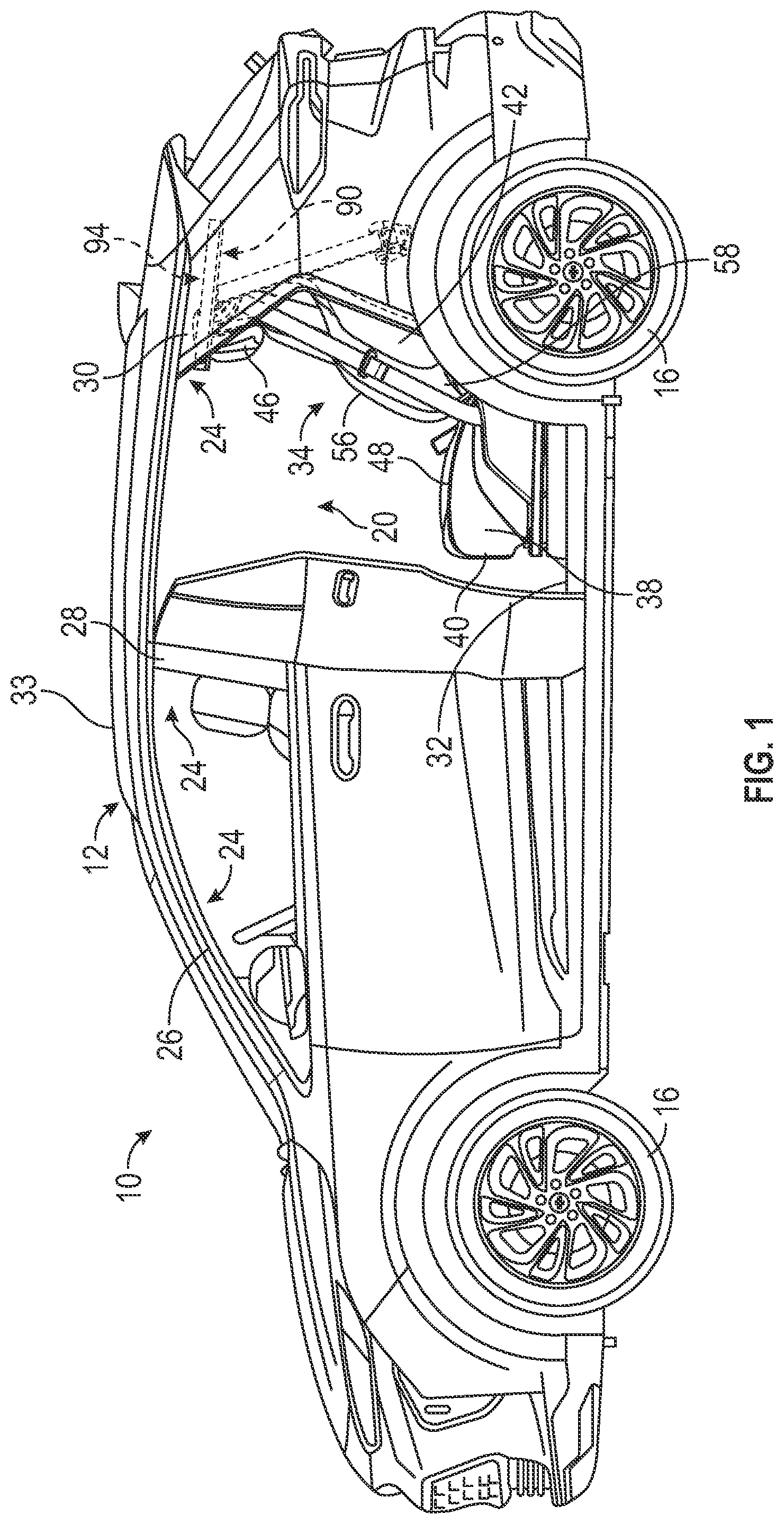 Patent US12097821 Figure 1 – Adjustable passenger restraint system support for a vehicle