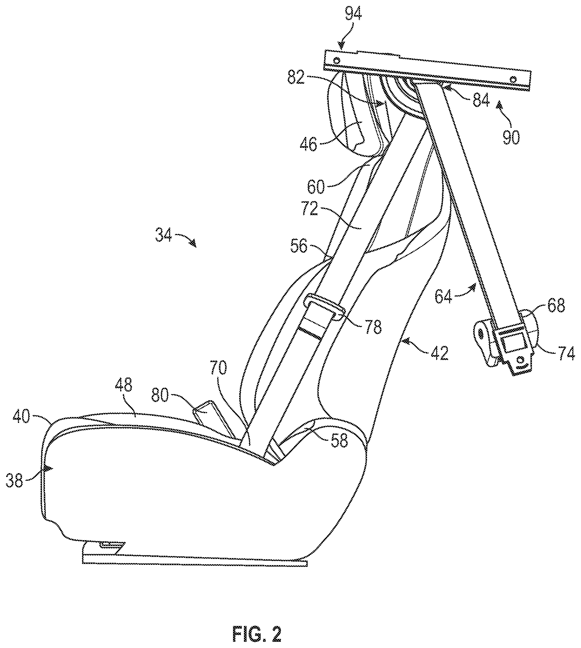 Patent US12097821 Figure 2 – Adjustable passenger restraint system support for a vehicle