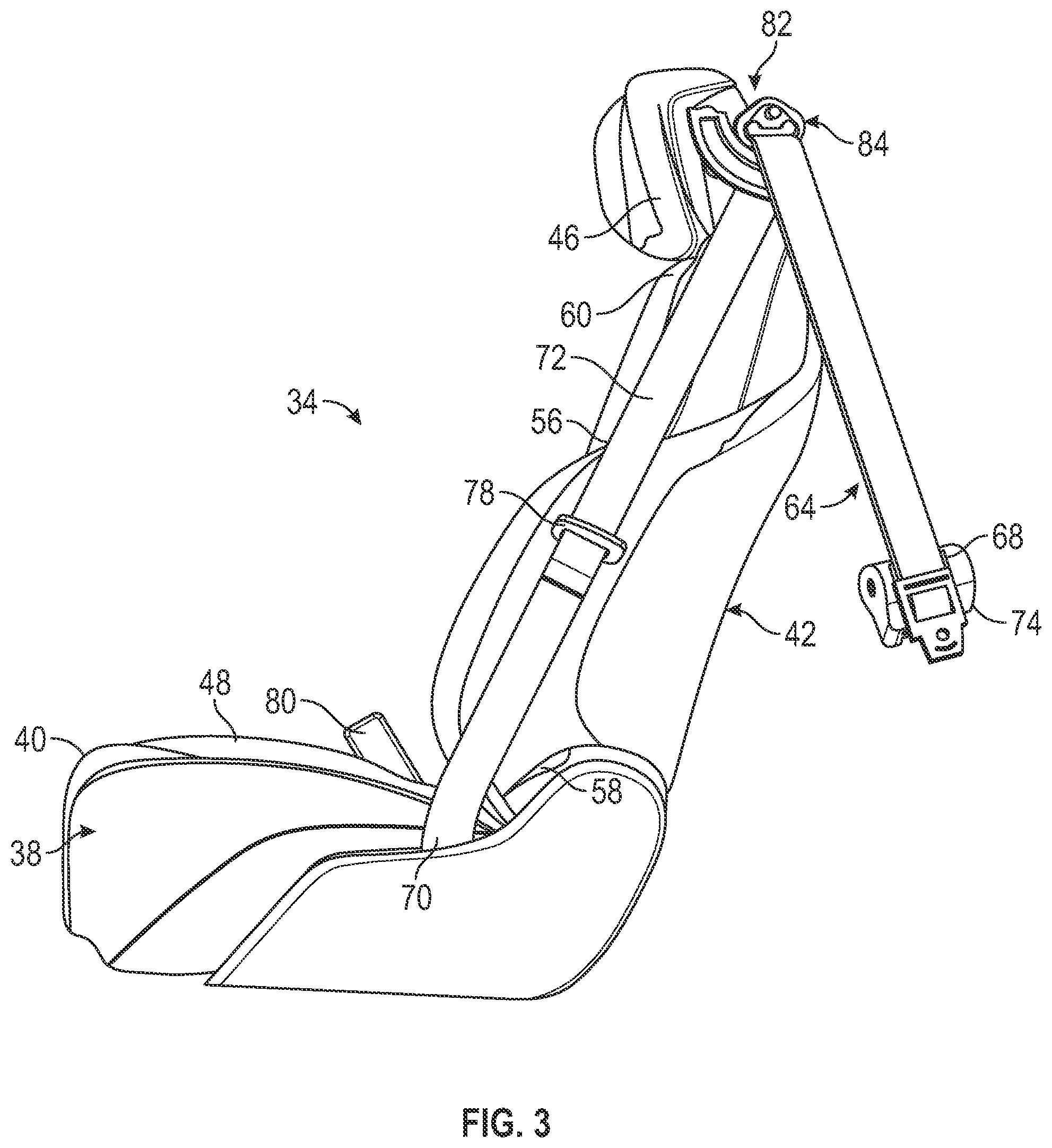 Patent US12097821 Figure 3 – Adjustable passenger restraint system support for a vehicle