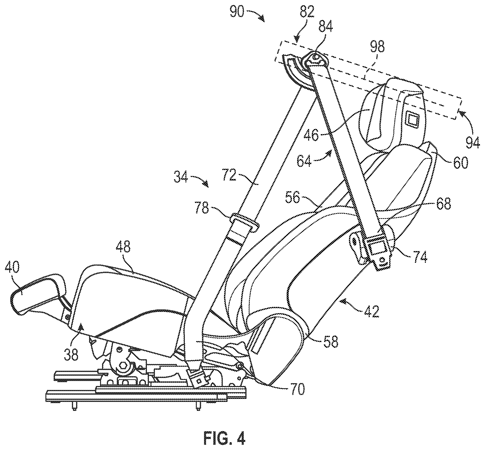 Patent US12097821 Figure 4 – Adjustable passenger restraint system support for a vehicle