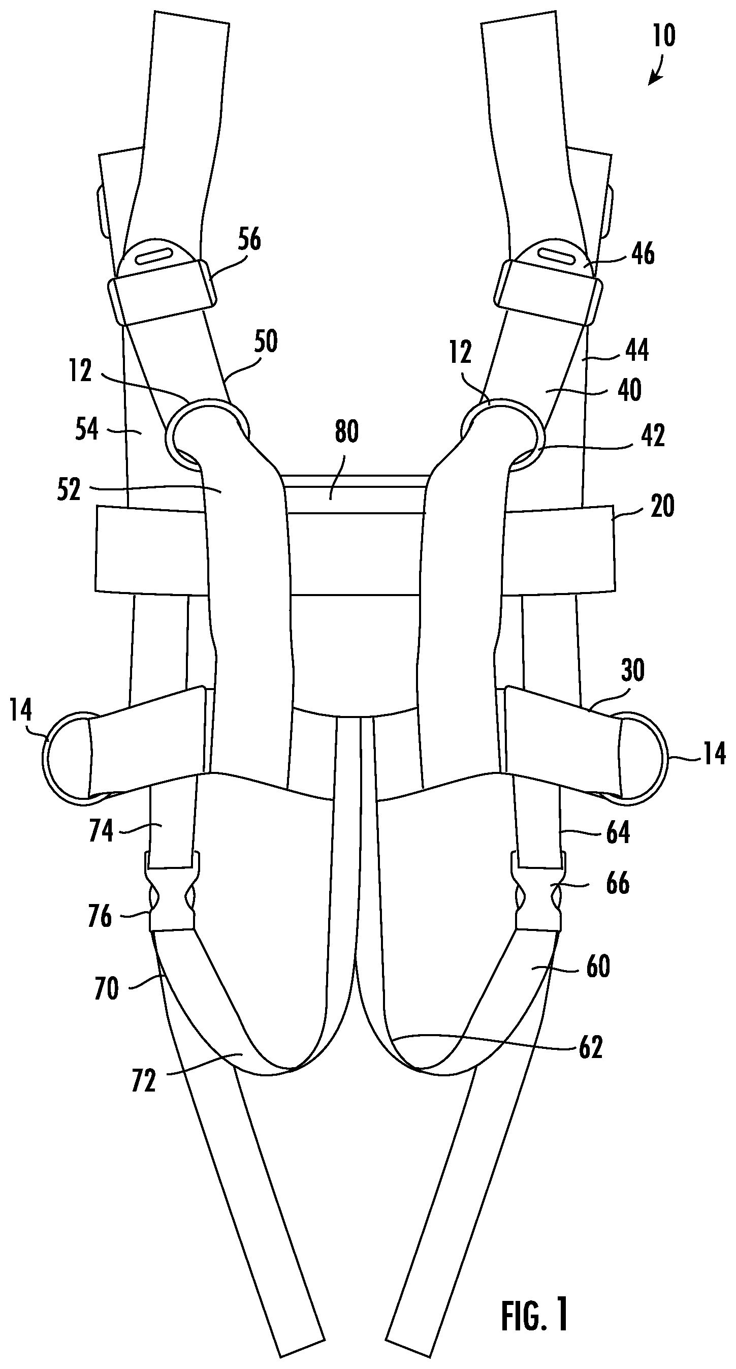 Patent US12097822 Figure 1 – Restraining harness system for passenger vehicles