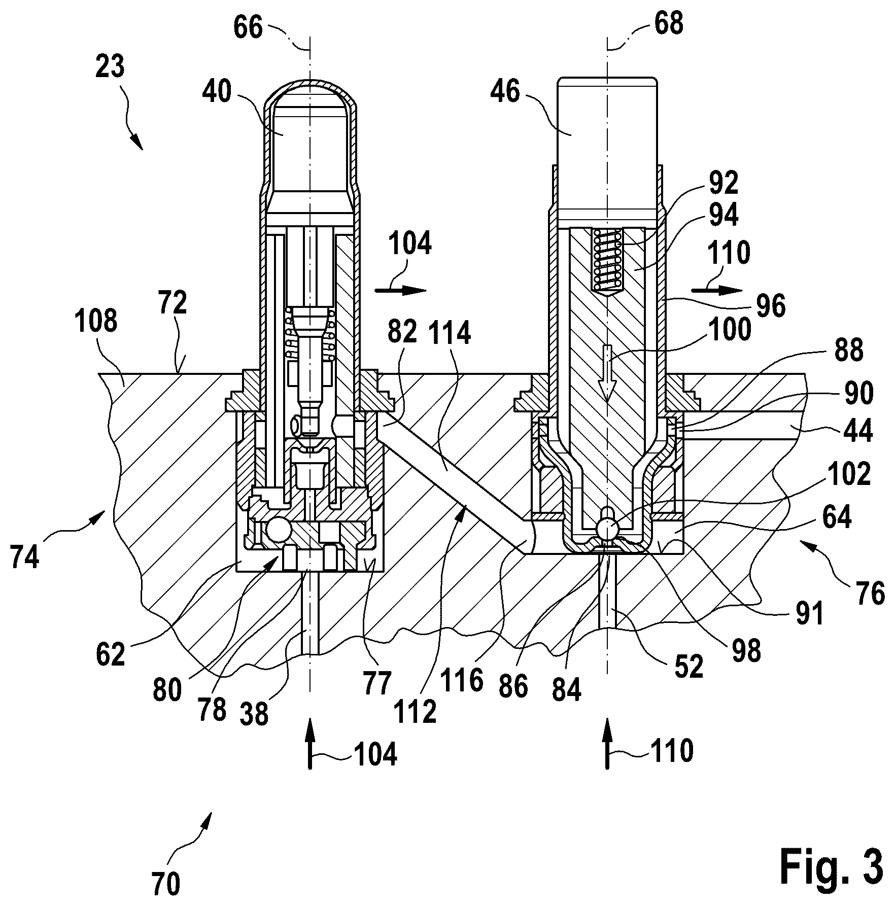 Patent US12097837 Figure 3 – Pump housing of a hydraulic assembly having an outlet valve receiving means