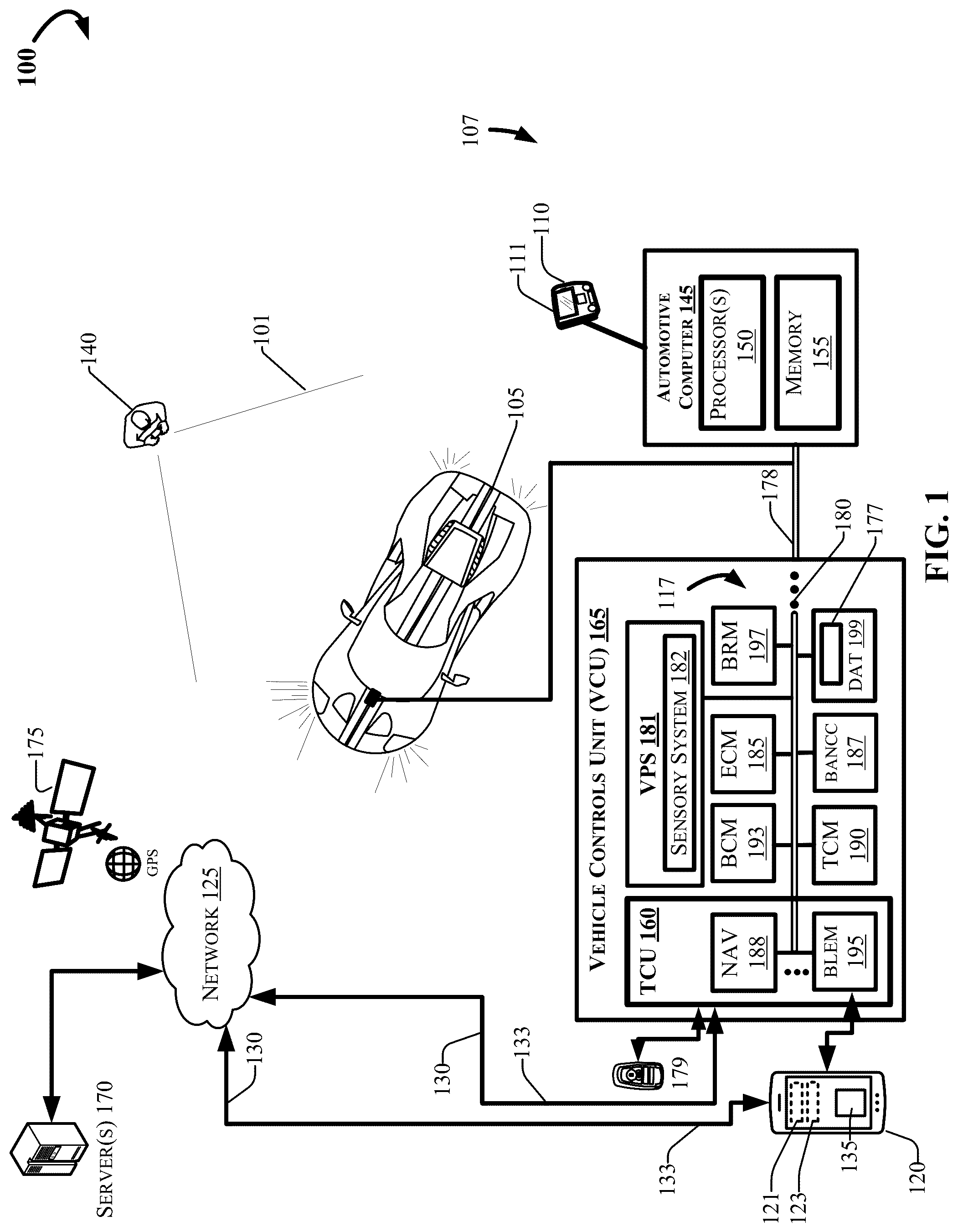 Patent US12097843 Figure 1 – Remote park assist augmented reality user engagement with cameraless detection