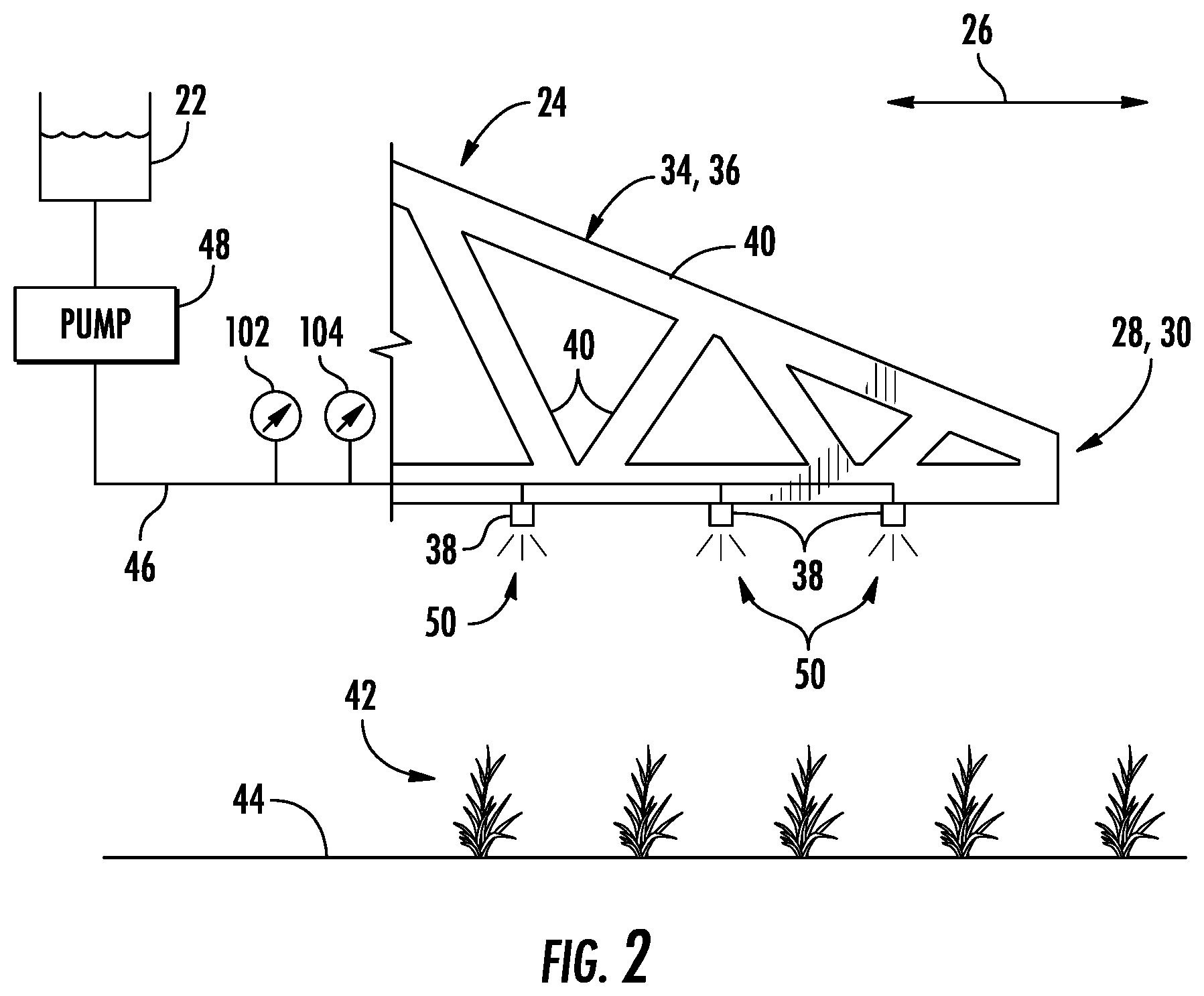 Patent US12097850 Figure 2 – System and method for controlling the ground speed of an agricultural sprayer during a turn