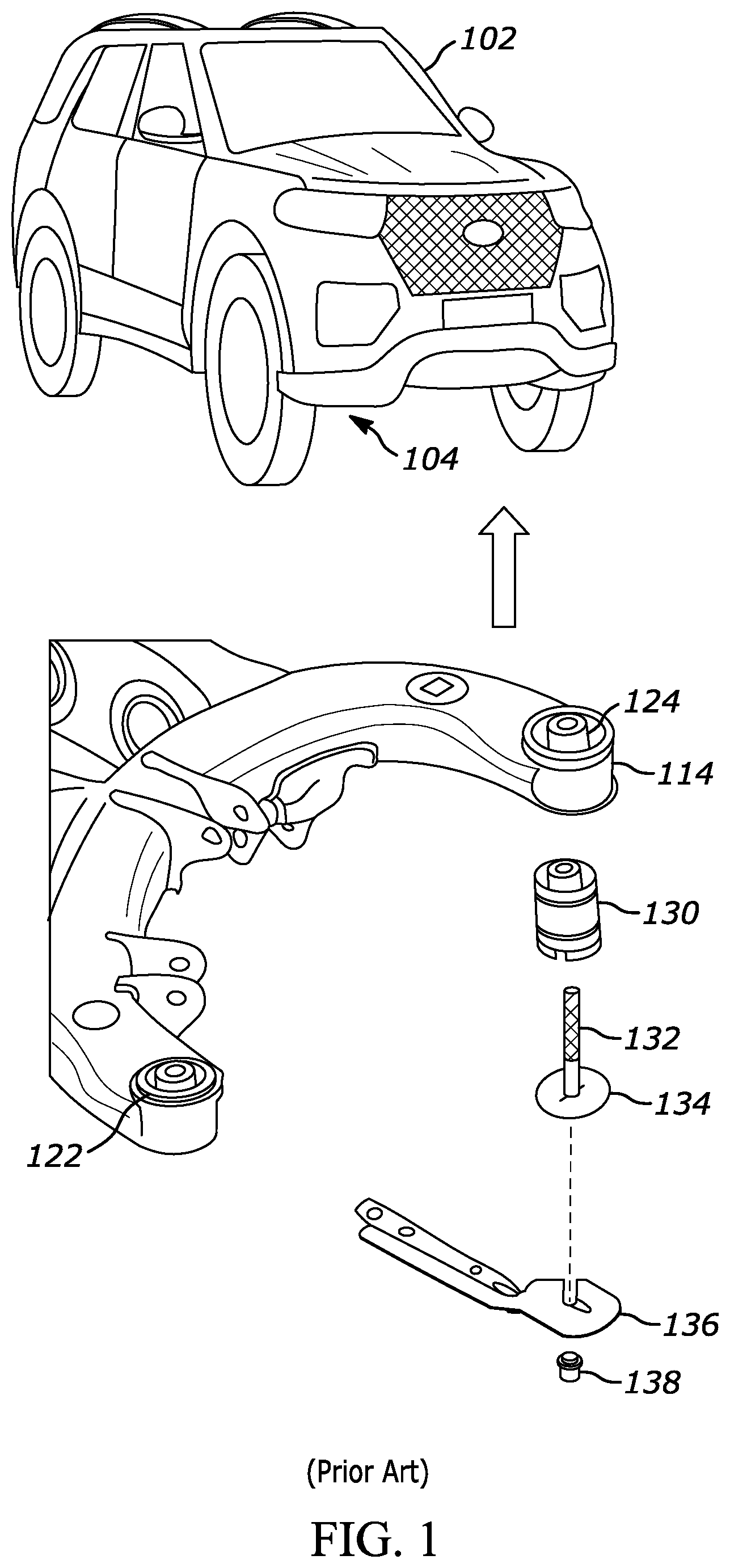 Patent US12097901 Figure 1 – After-market subframe bushing support for a vehicle