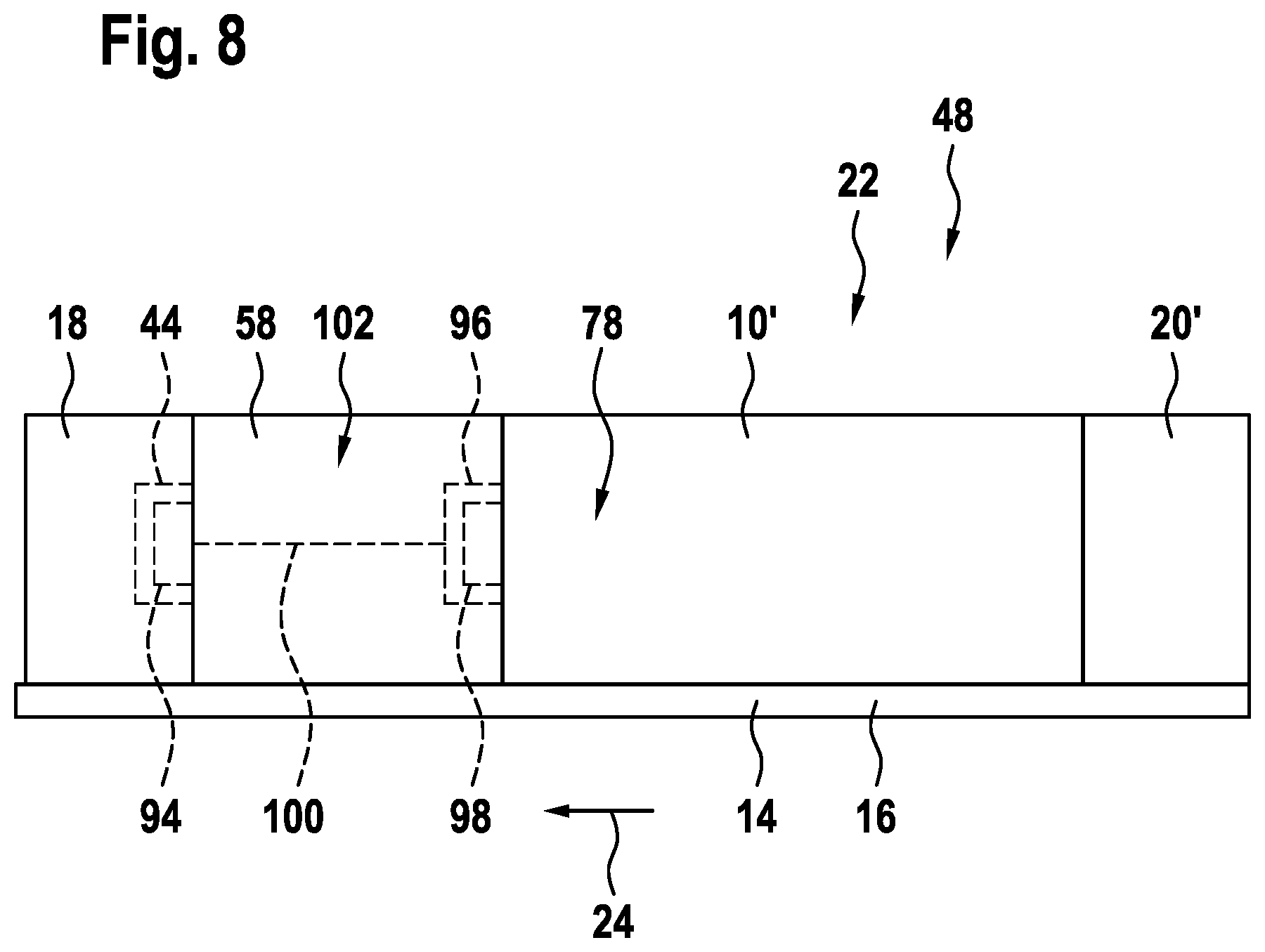 Patent US12097921 Figure 8 – Holding device for releasably holding an energy store on a frame unit, and bicycle frame