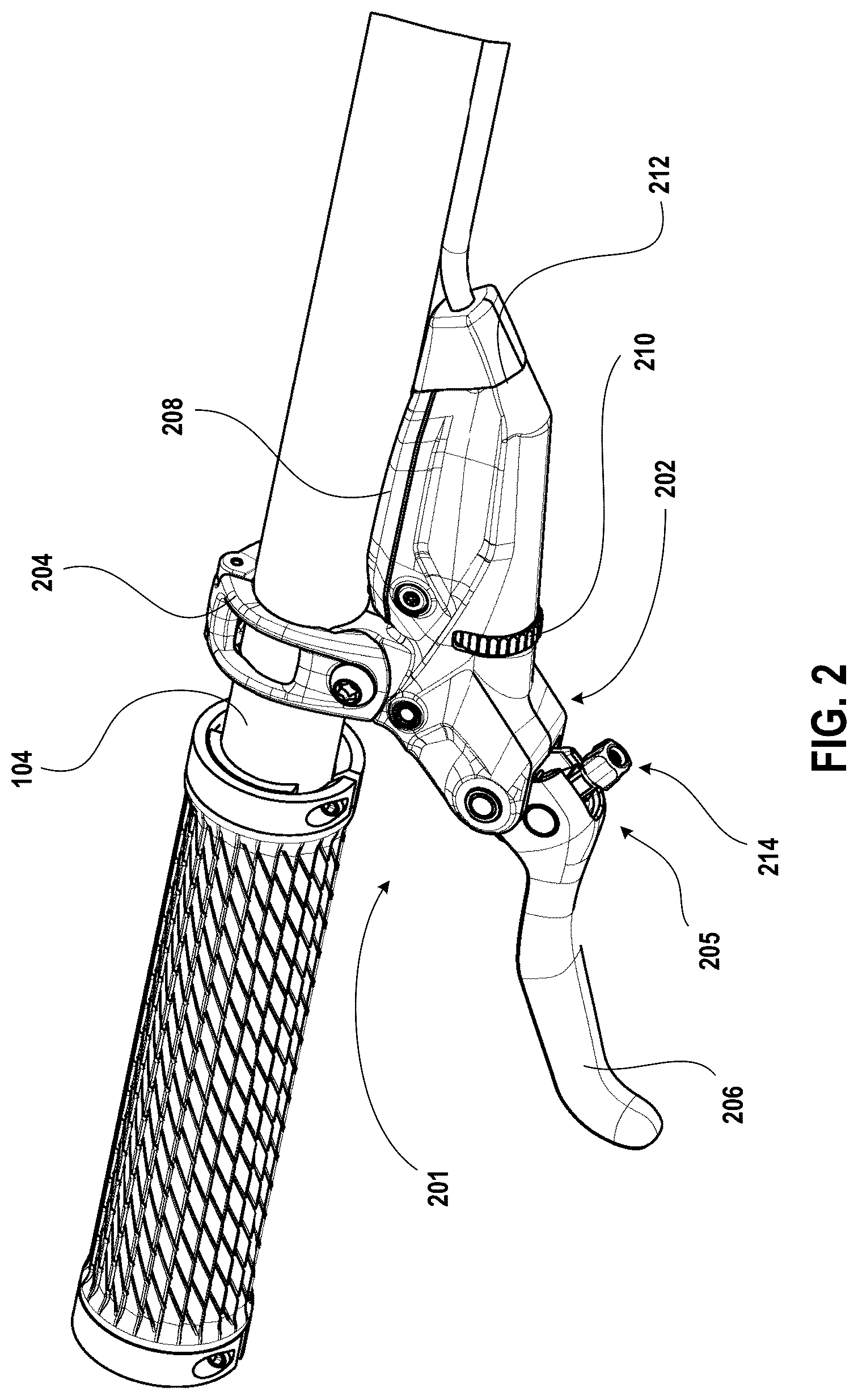 Patent US12097927 Figure 2 – Hydraulic brake control device with handlebar proximal hose attachment