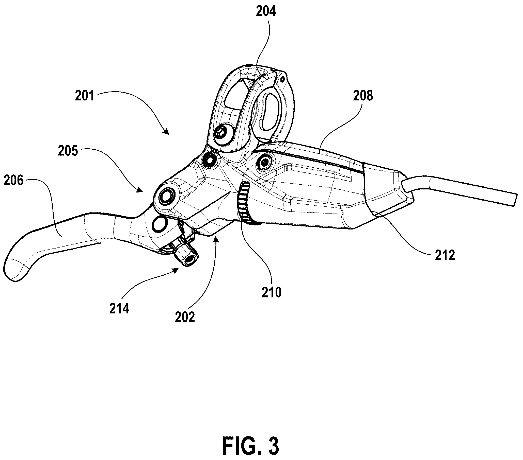 Patent US12097927 Figure 3 – Hydraulic brake control device with handlebar proximal hose attachment