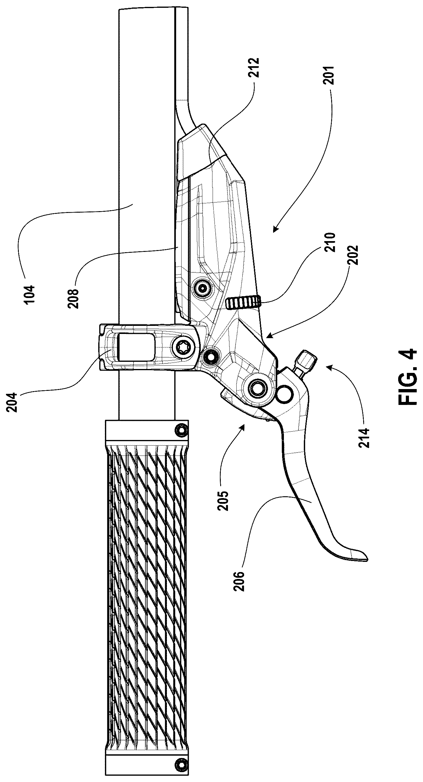 Patent US12097927 Figure 4 – Hydraulic brake control device with handlebar proximal hose attachment