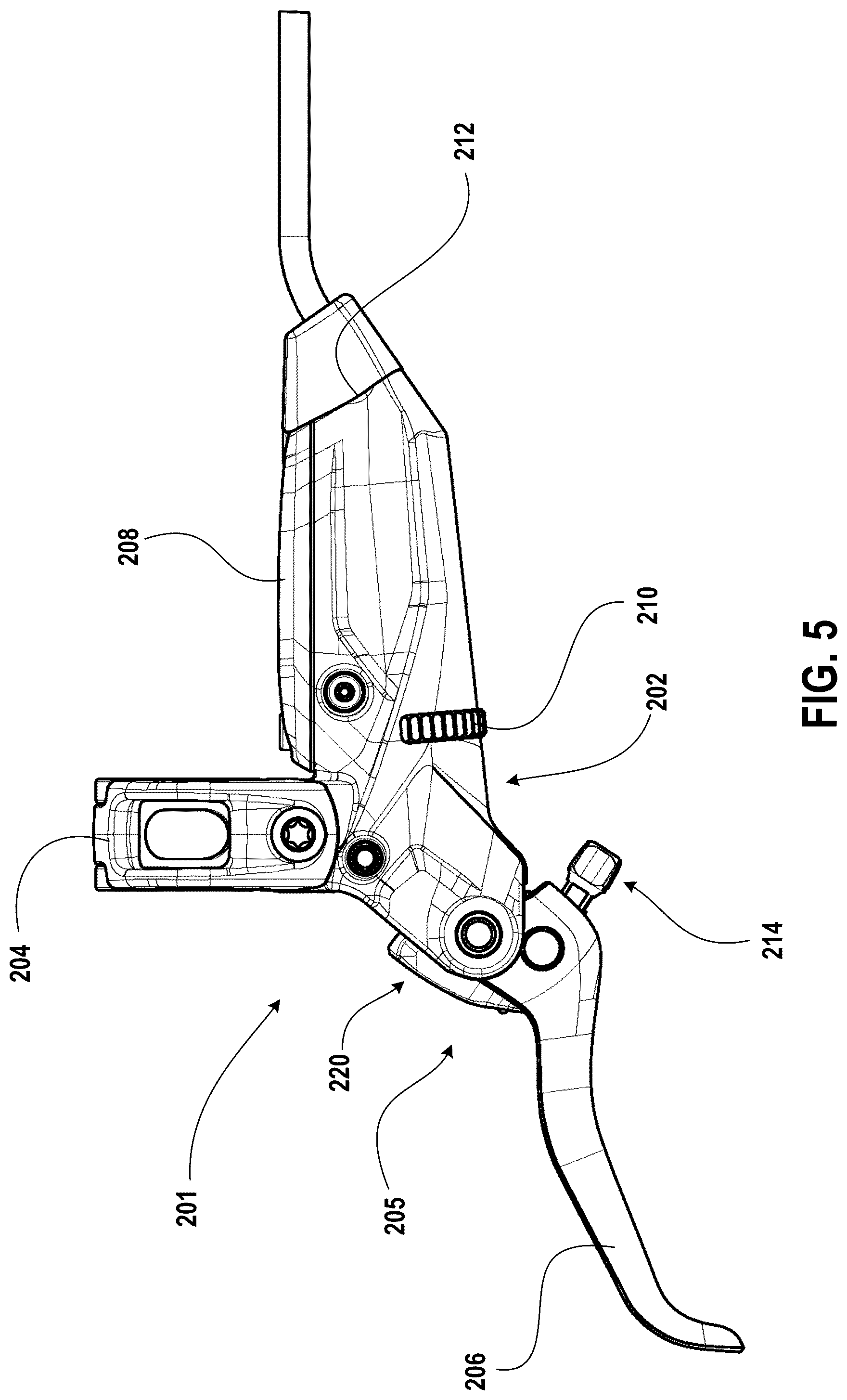 Patent US12097927 Figure 5 – Hydraulic brake control device with handlebar proximal hose attachment