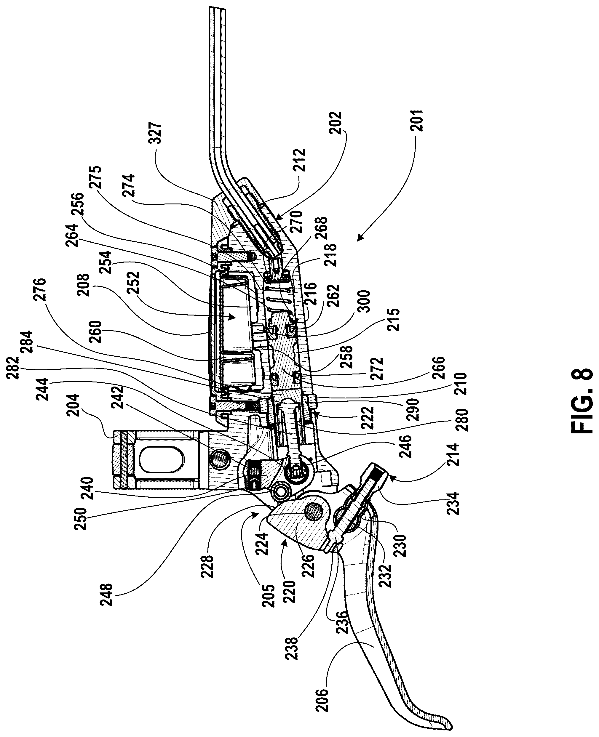 Patent US12097927 Figure 8 – Hydraulic brake control device with handlebar proximal hose attachment