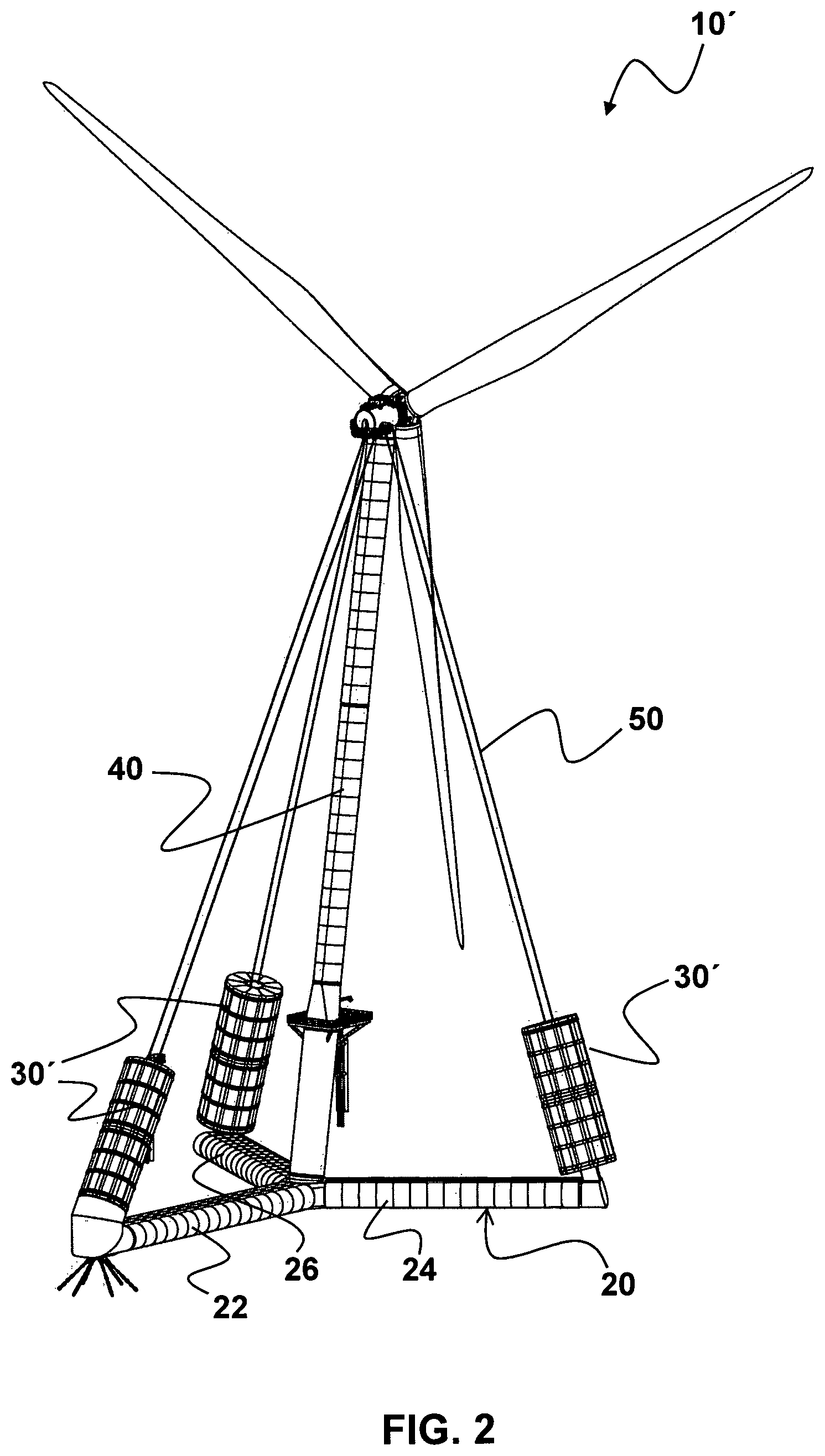 Patent US12097934 Figure 2 – Wind turbine comprising a floating foundation having a plurality of buoyancy bodies