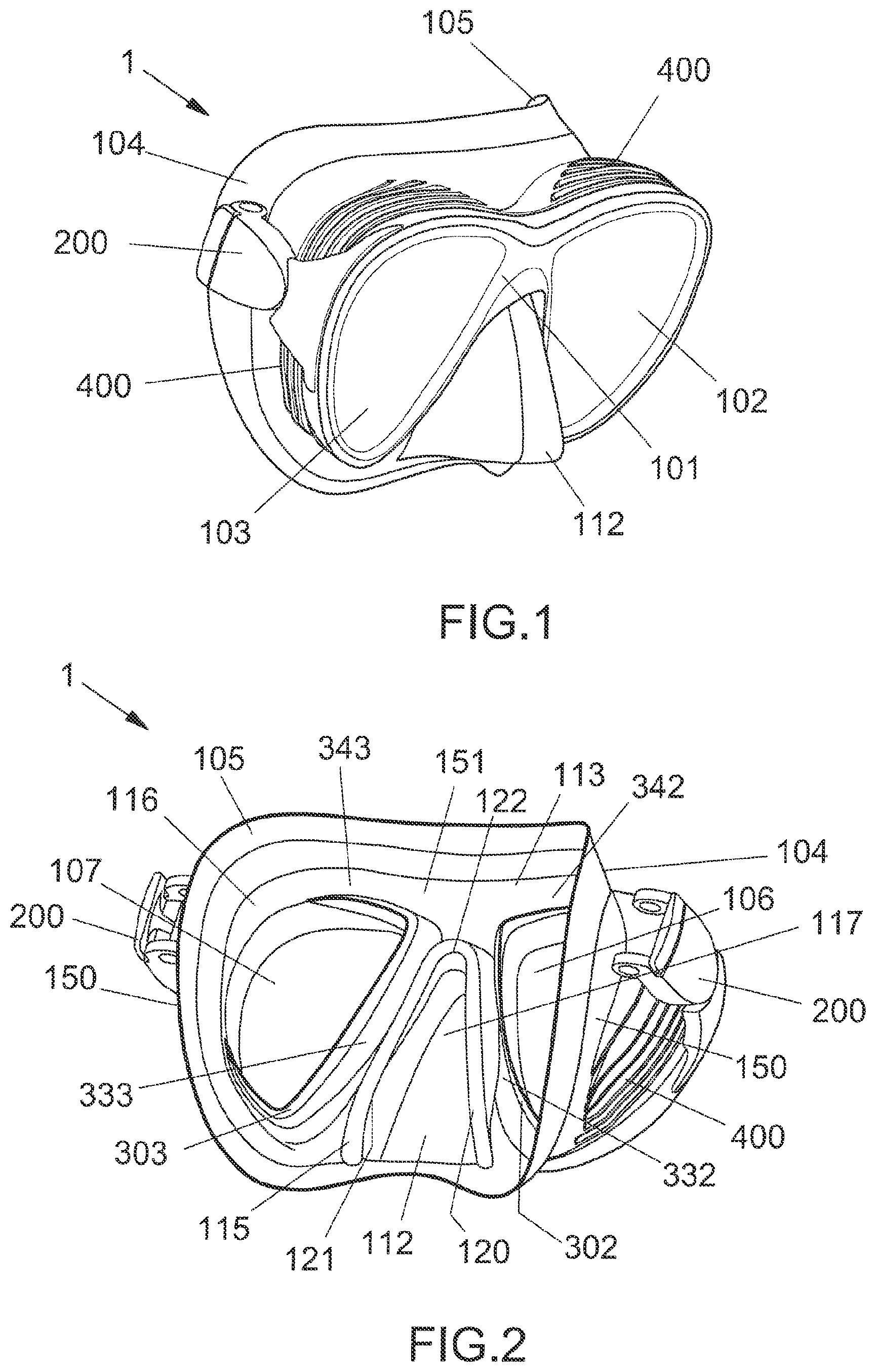 Patent US12097938 Figure 1 – Diving mask with anti-fog characteristics