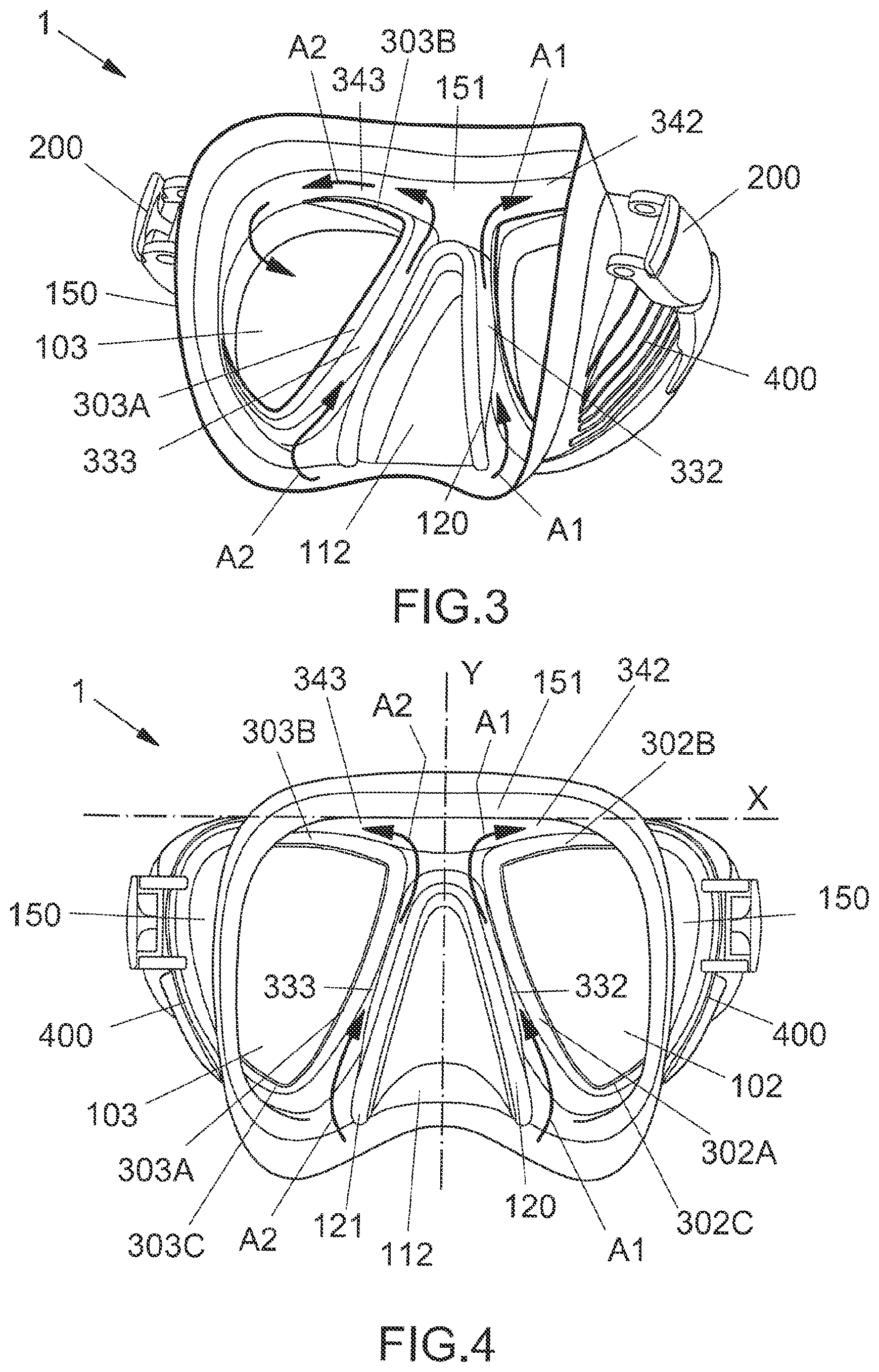 Patent US12097938 Figure 2 – Diving mask with anti-fog characteristics