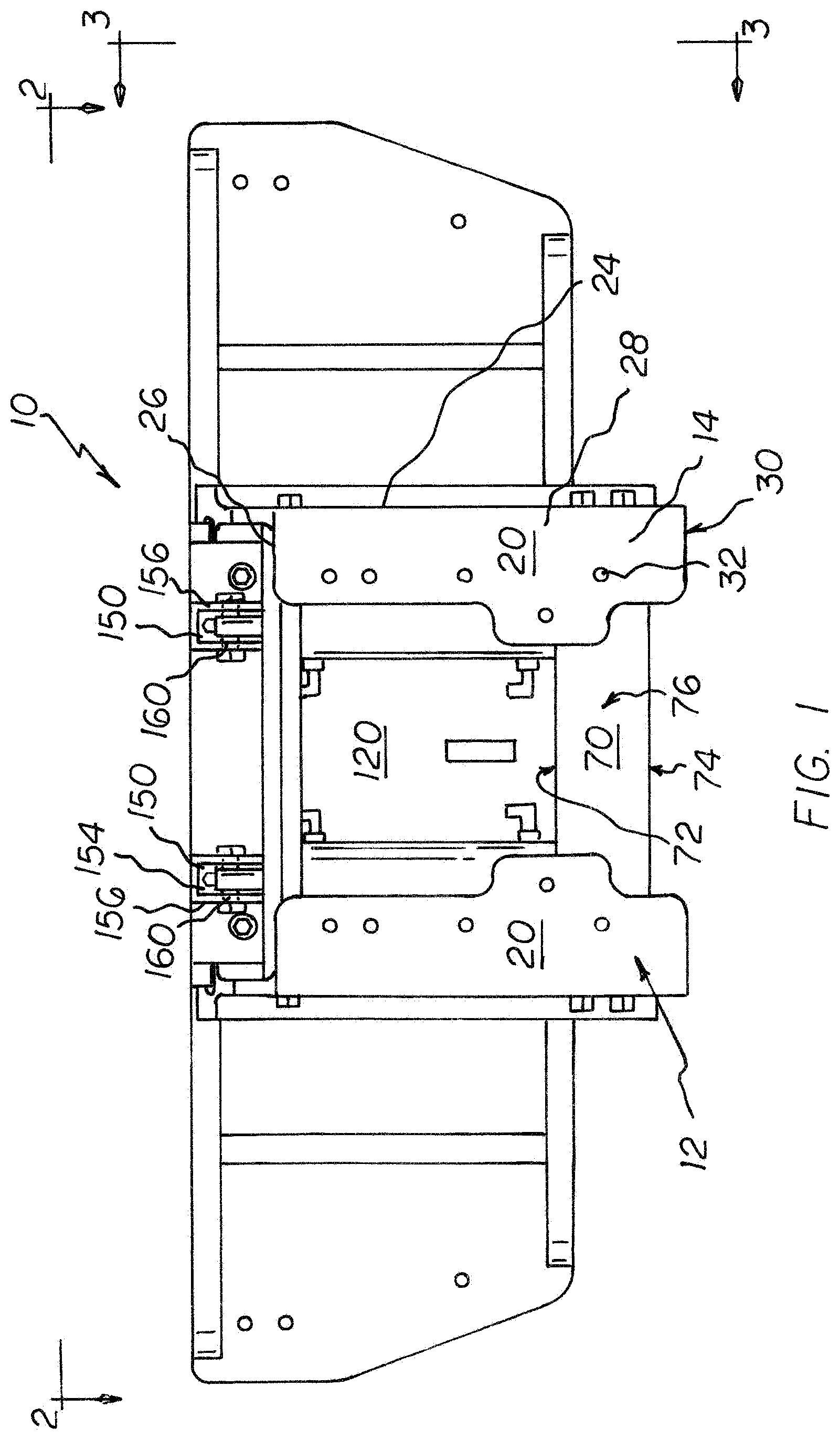 Patent US12097943 Figure 1 – Multi-engine, single mount, hydraulic jack plate with adjustable tensioning rods