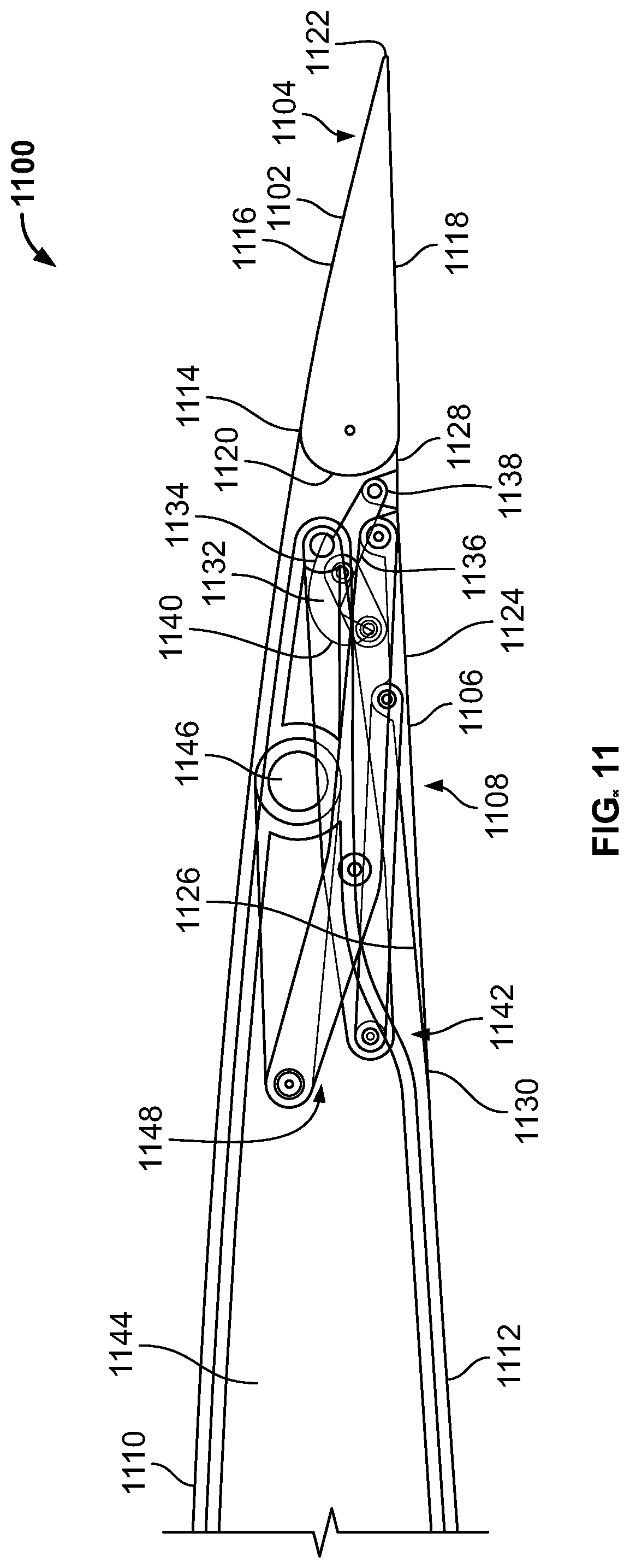 Patent US12097959 Figure 11 – Underwing-mounted trailing edge flaps for wings of aircraft
