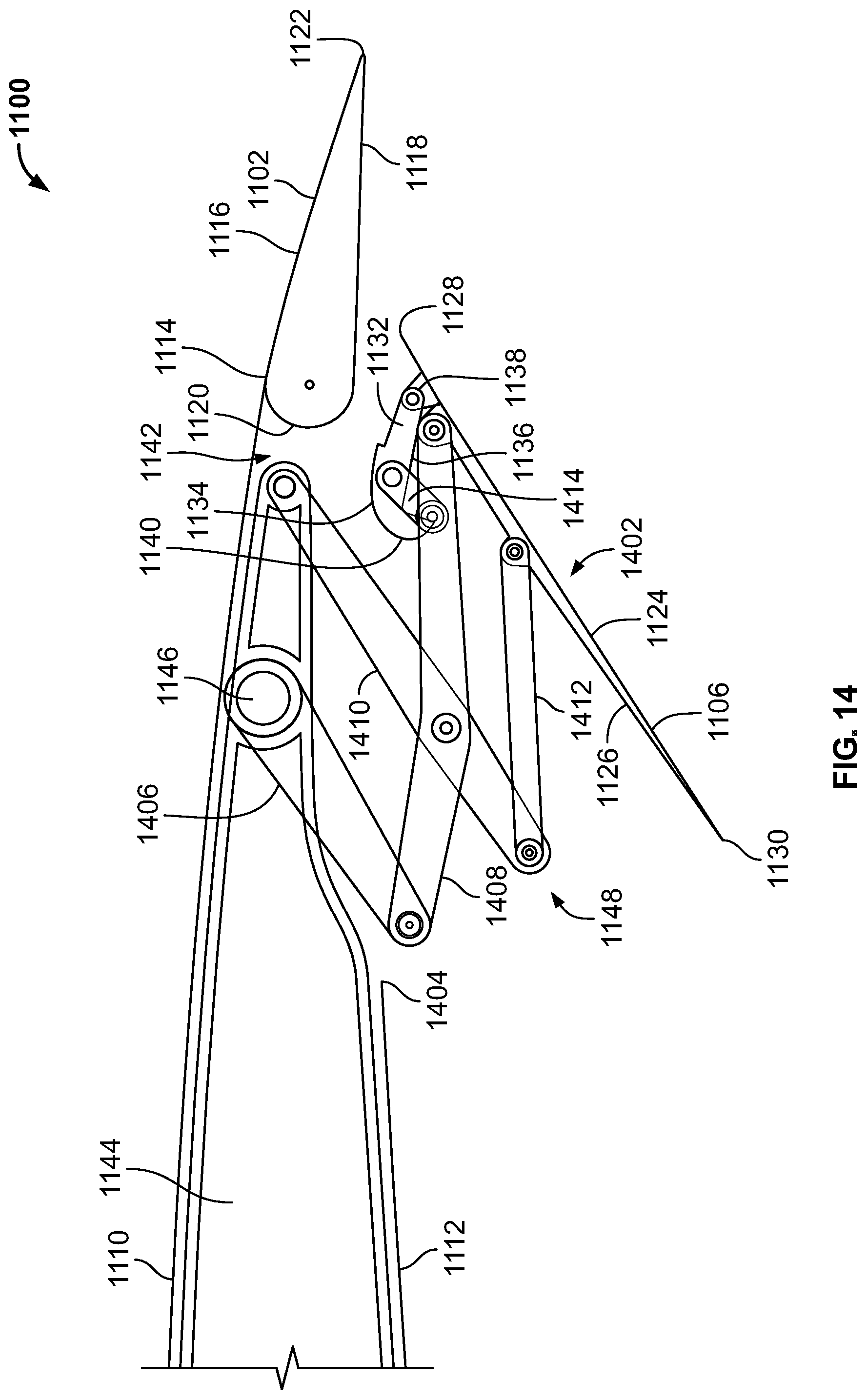 Patent US12097959 Figure 14 – Underwing-mounted trailing edge flaps for wings of aircraft