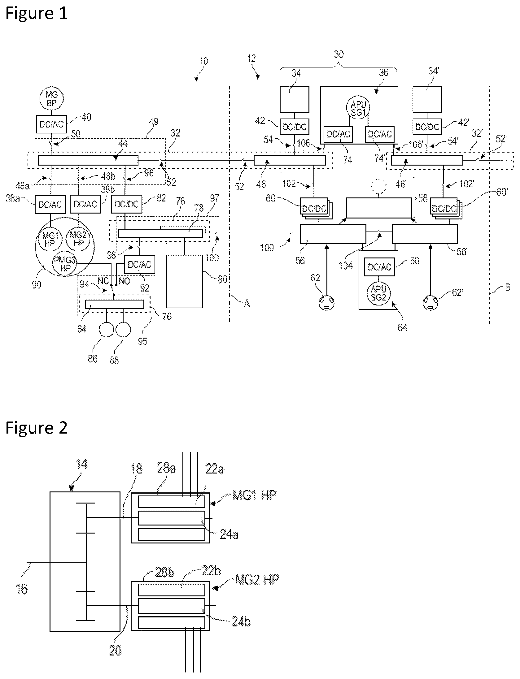 Patent US12097965 Figure 1 – Electric architecture for a hybrid thermal/electric propulsion aircraft and twin-engined aircraft comprising such an architecture