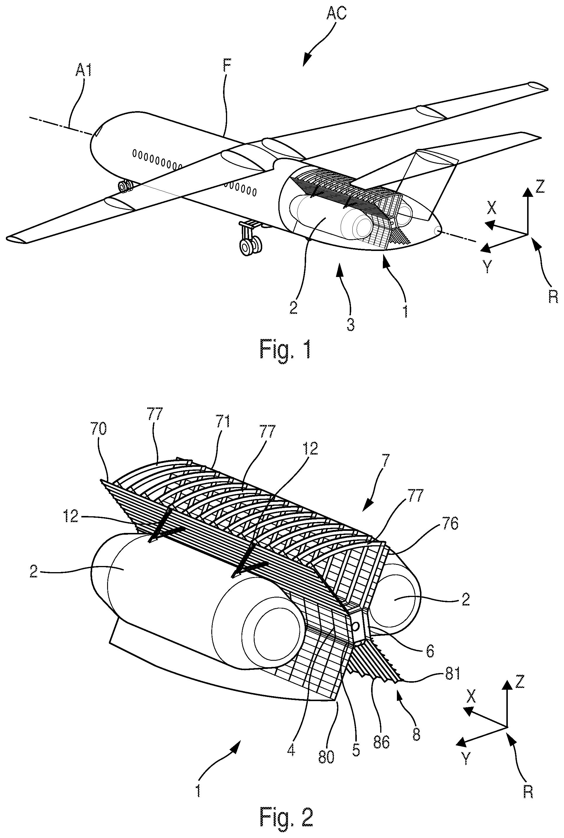 Patent US12097967 Figure 1 – Fastening system for an aircraft configured to fasten at least one tank intended to contain liquid hydrogen
