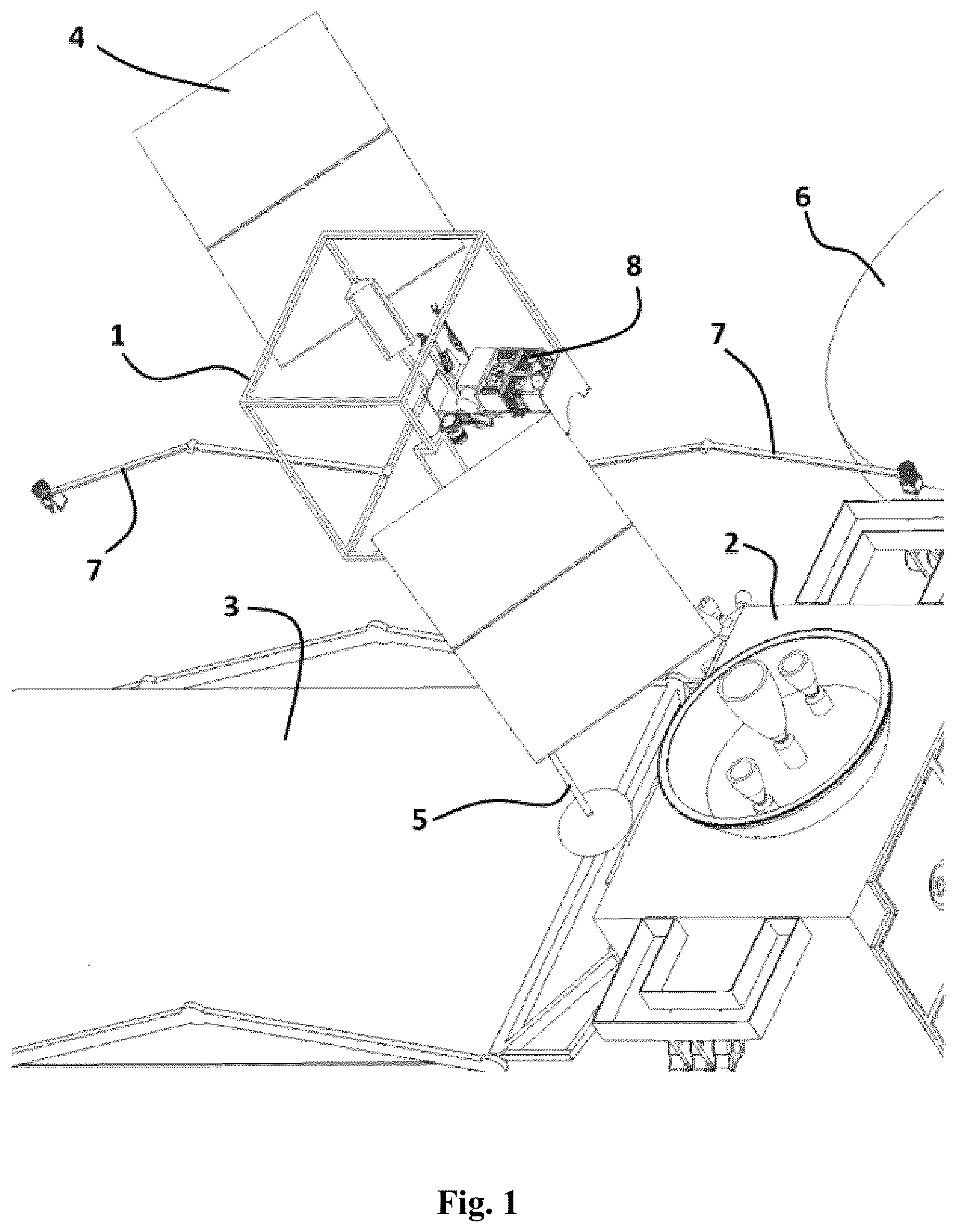 Patent US12097978 Figure 1 – Docking structure for satellite docking including a parallel manipulator with a telescopic capturing pincher and a plurality of motorized clamps