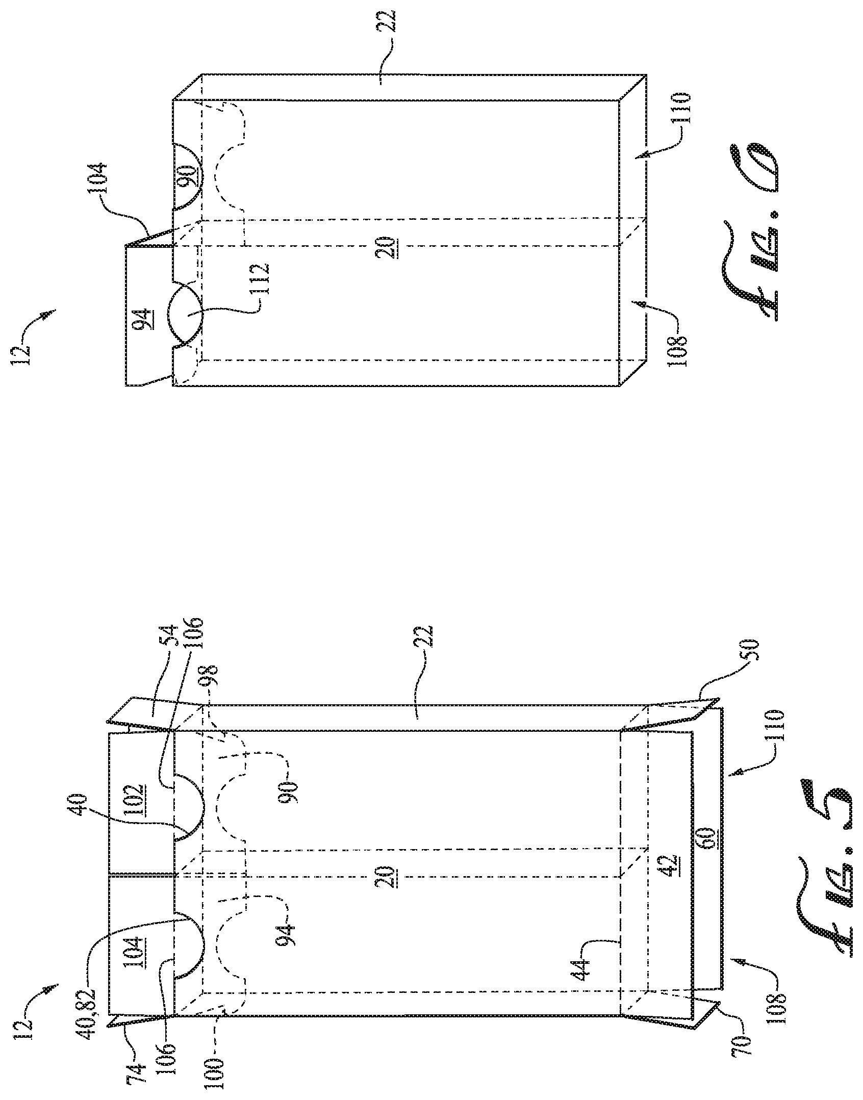 Patent US12098002 Figure 5 – Dual compartment dispensing box with top slide openings