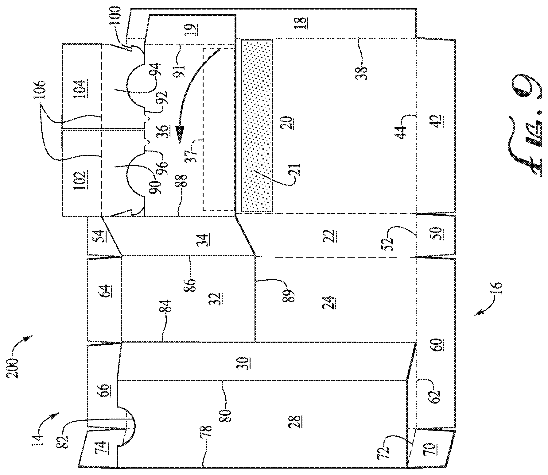 Patent US12098002 Figure 8 – Dual compartment dispensing box with top slide openings