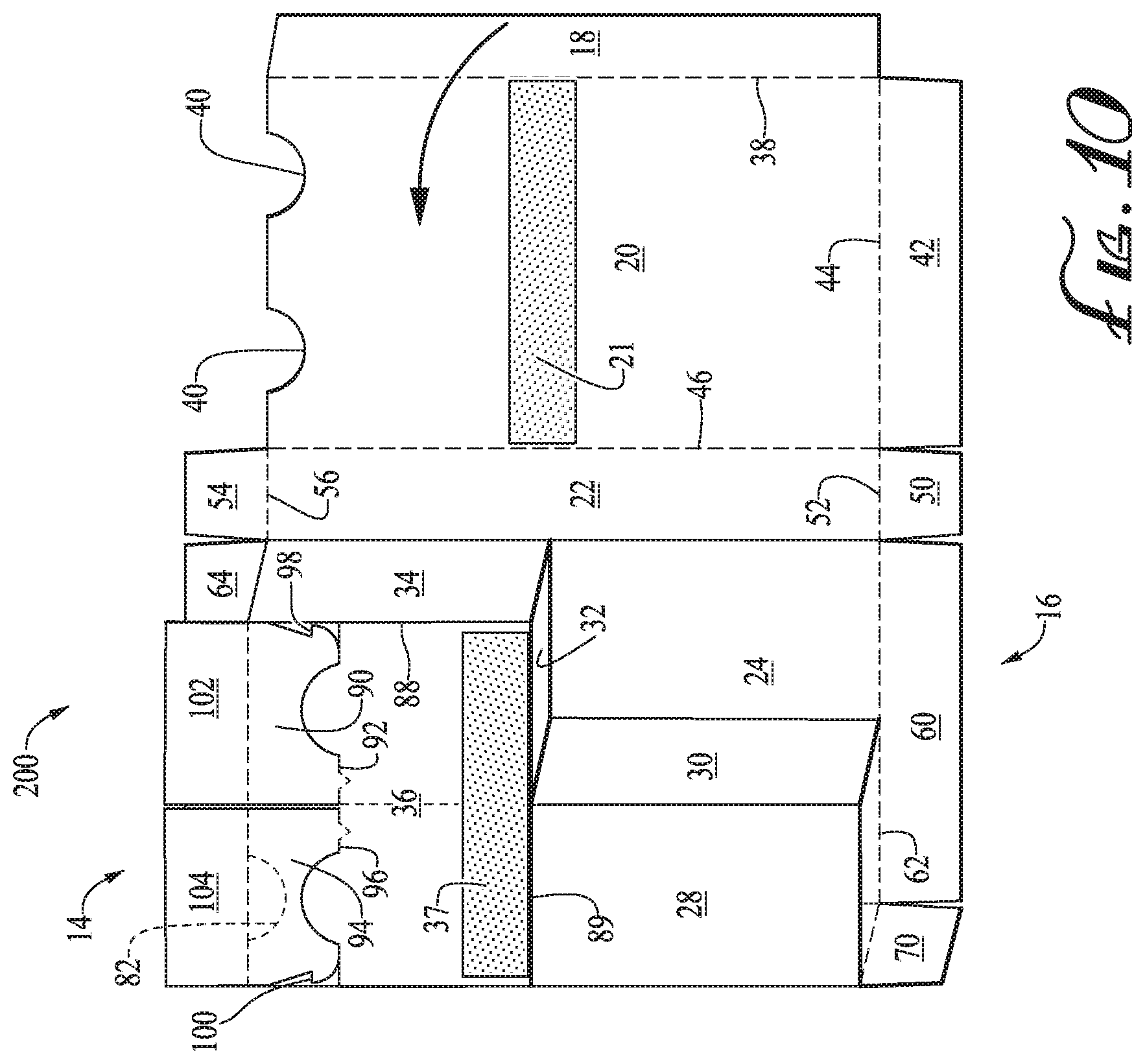 Patent US12098002 Figure 9 – Dual compartment dispensing box with top slide openings