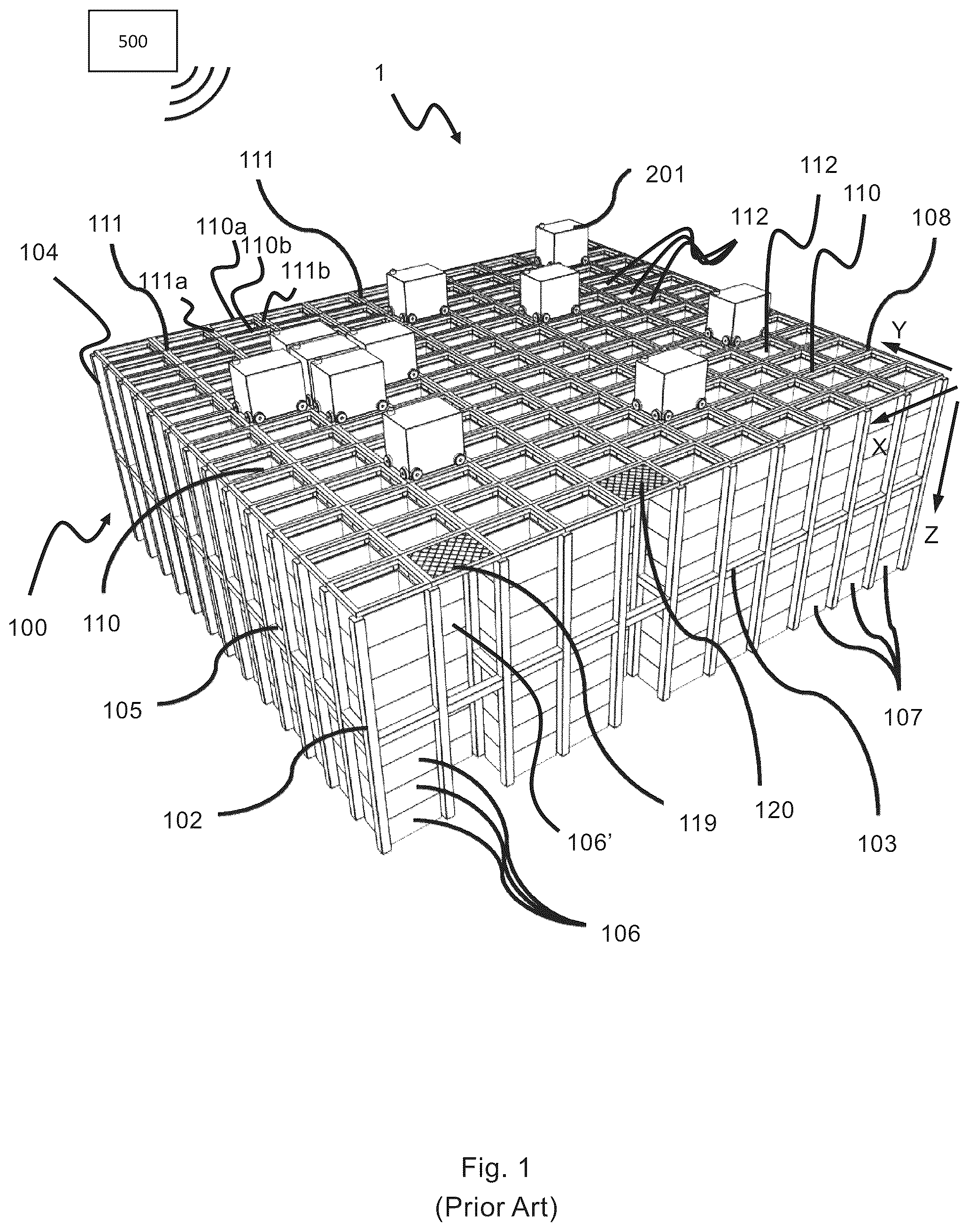 Patent US12098030 — Vehicle lift for an automated storage and retrieval system — Figure 1