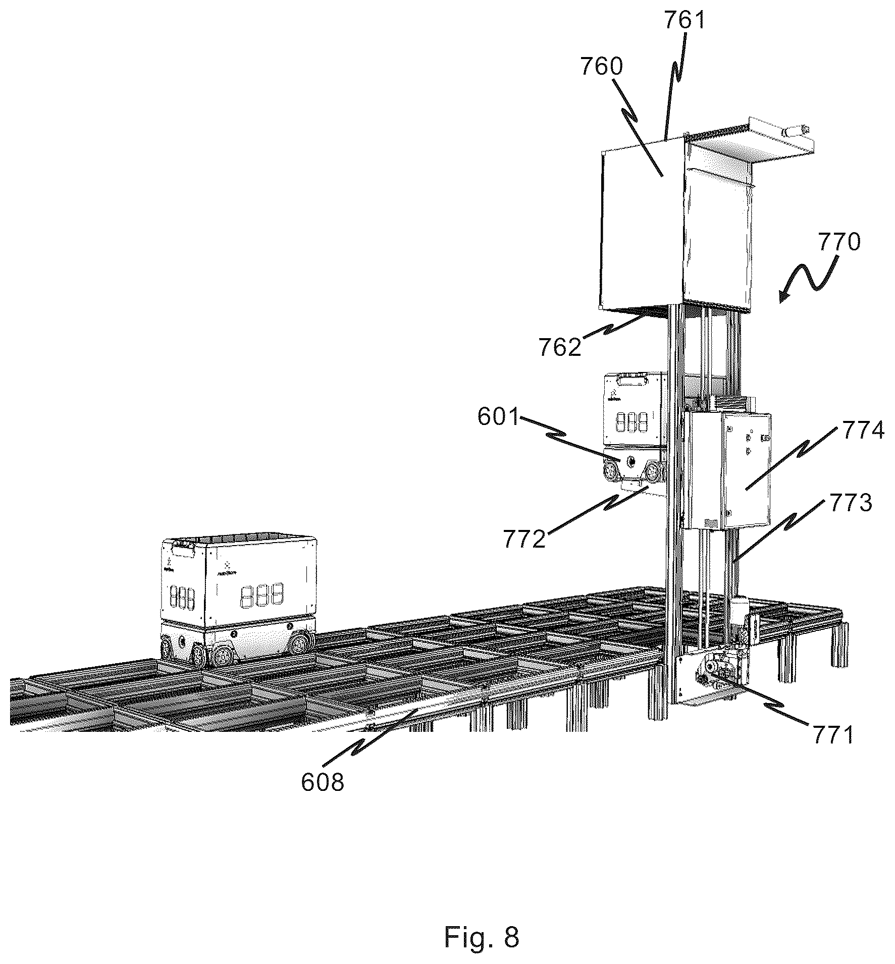 Patent US12098030 Figure 7 – Vehicle lift for an automated storage and retrieval system