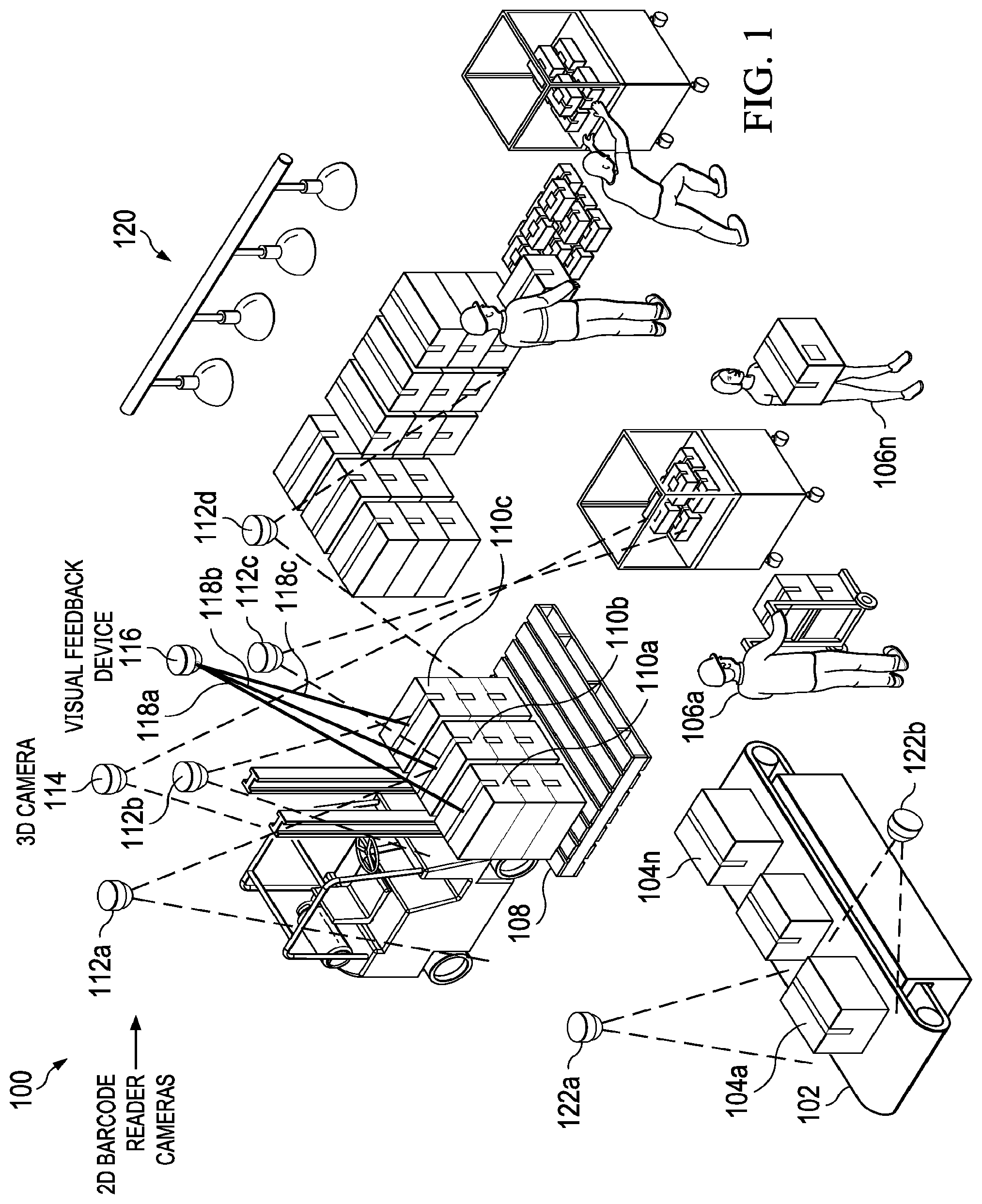 Patent US12098032 — Smart warehouse, conveyor, and pallet management system — Figure 1