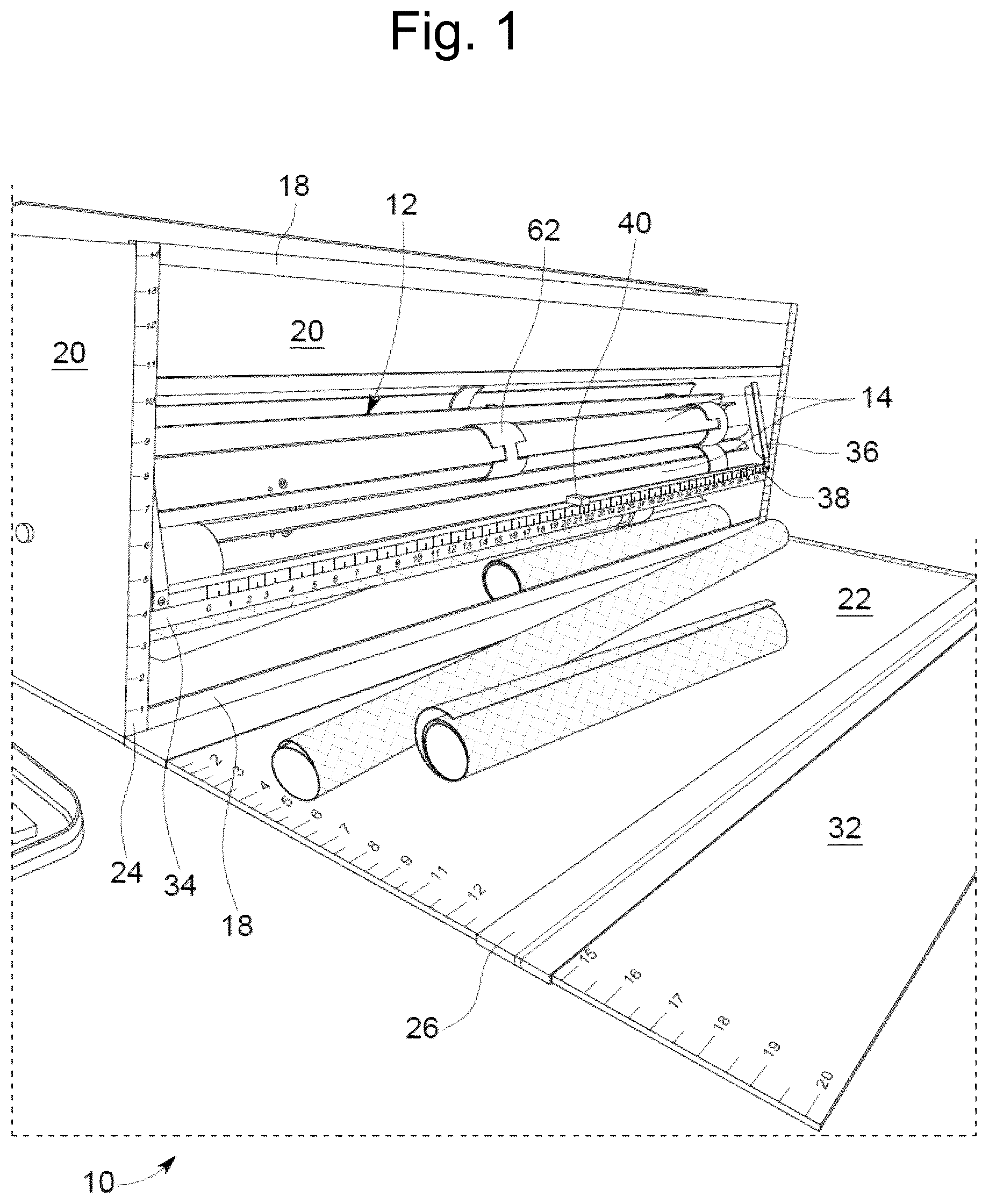 Patent US12098048 Figure 1 – Wrapping paper storage and dispensing device