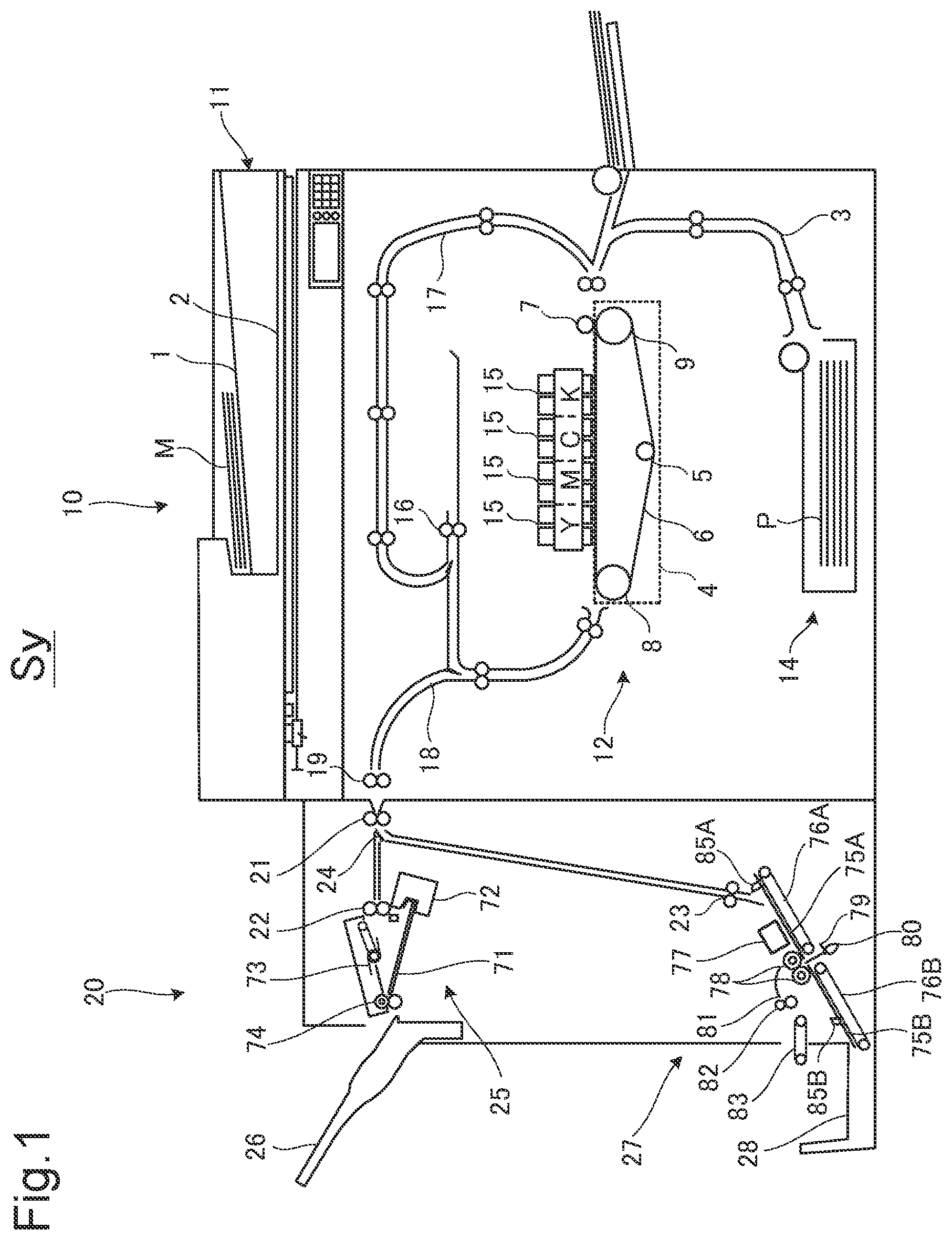 Patent US12098052 — Postprocessing device that matches moving speed of tip portion of folding blade with moving speed of circumferential surface of pair of folding rollers, at predetermined timing — Figure 1