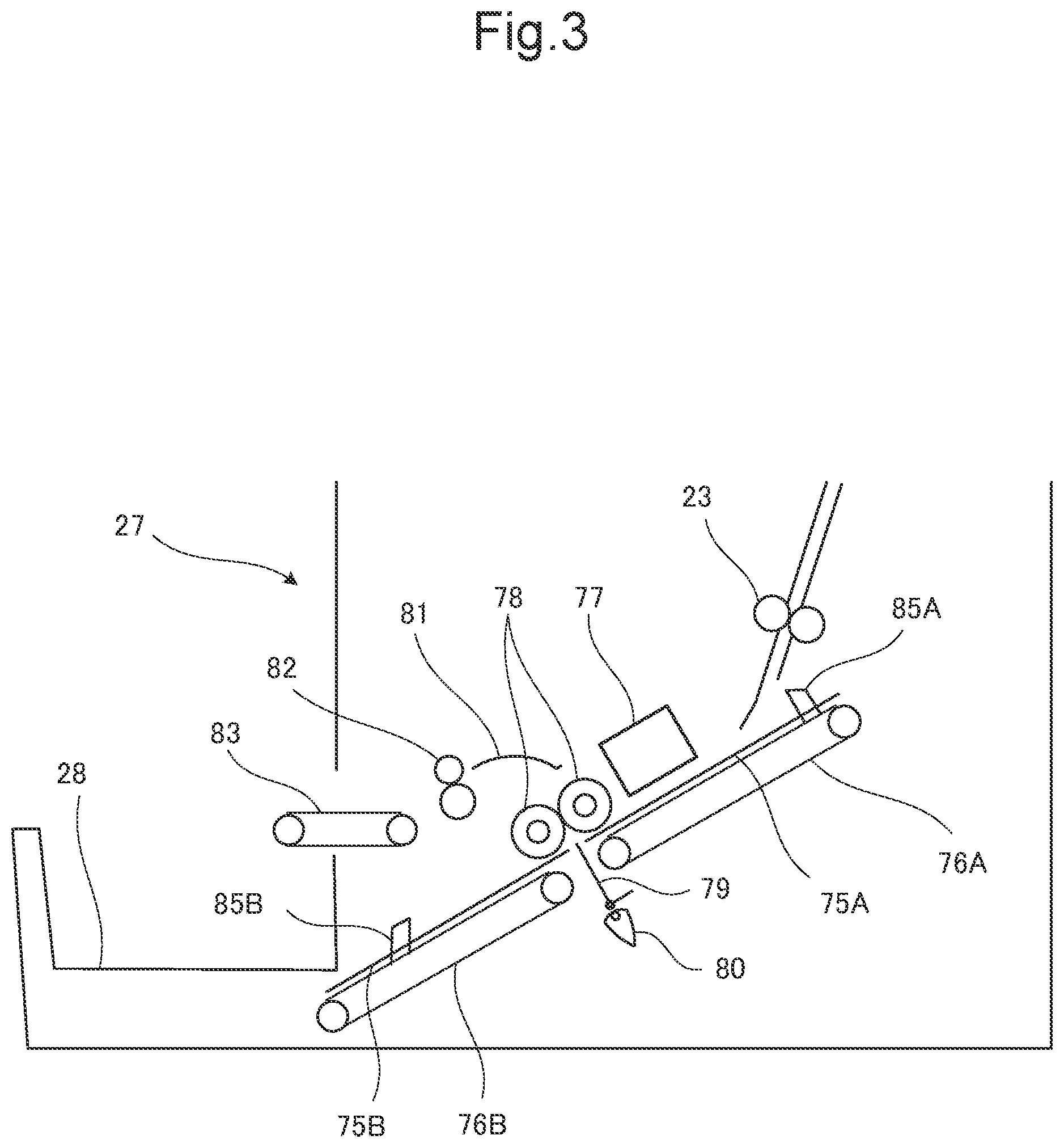 Patent US12098052 Figure 3 – Postprocessing device that matches moving speed of tip portion of folding blade with moving speed of circumferential surface of pair of folding rollers, at predetermined timing