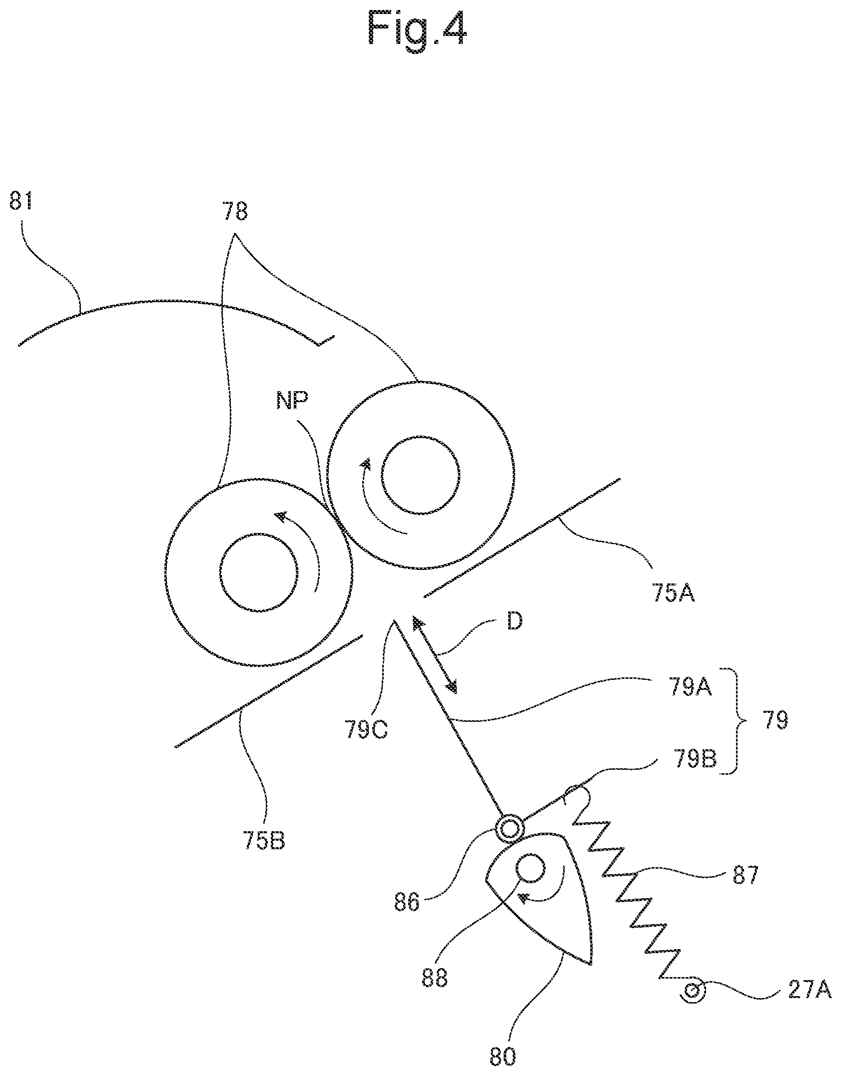 Patent US12098052 Figure 4 – Postprocessing device that matches moving speed of tip portion of folding blade with moving speed of circumferential surface of pair of folding rollers, at predetermined timing