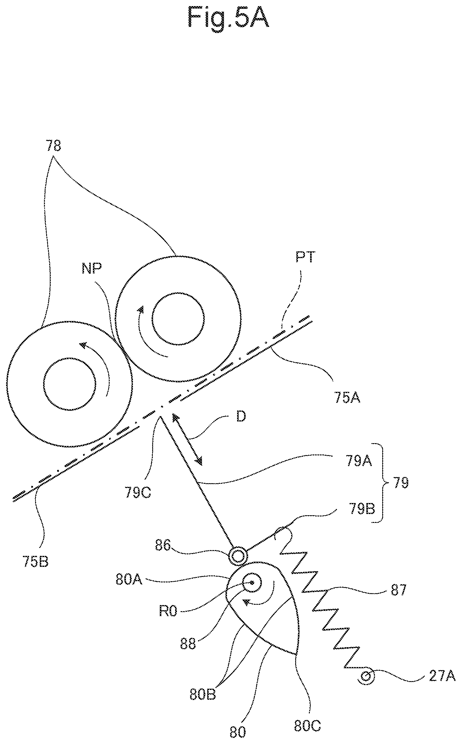 Patent US12098052 Figure 5 – Postprocessing device that matches moving speed of tip portion of folding blade with moving speed of circumferential surface of pair of folding rollers, at predetermined timing